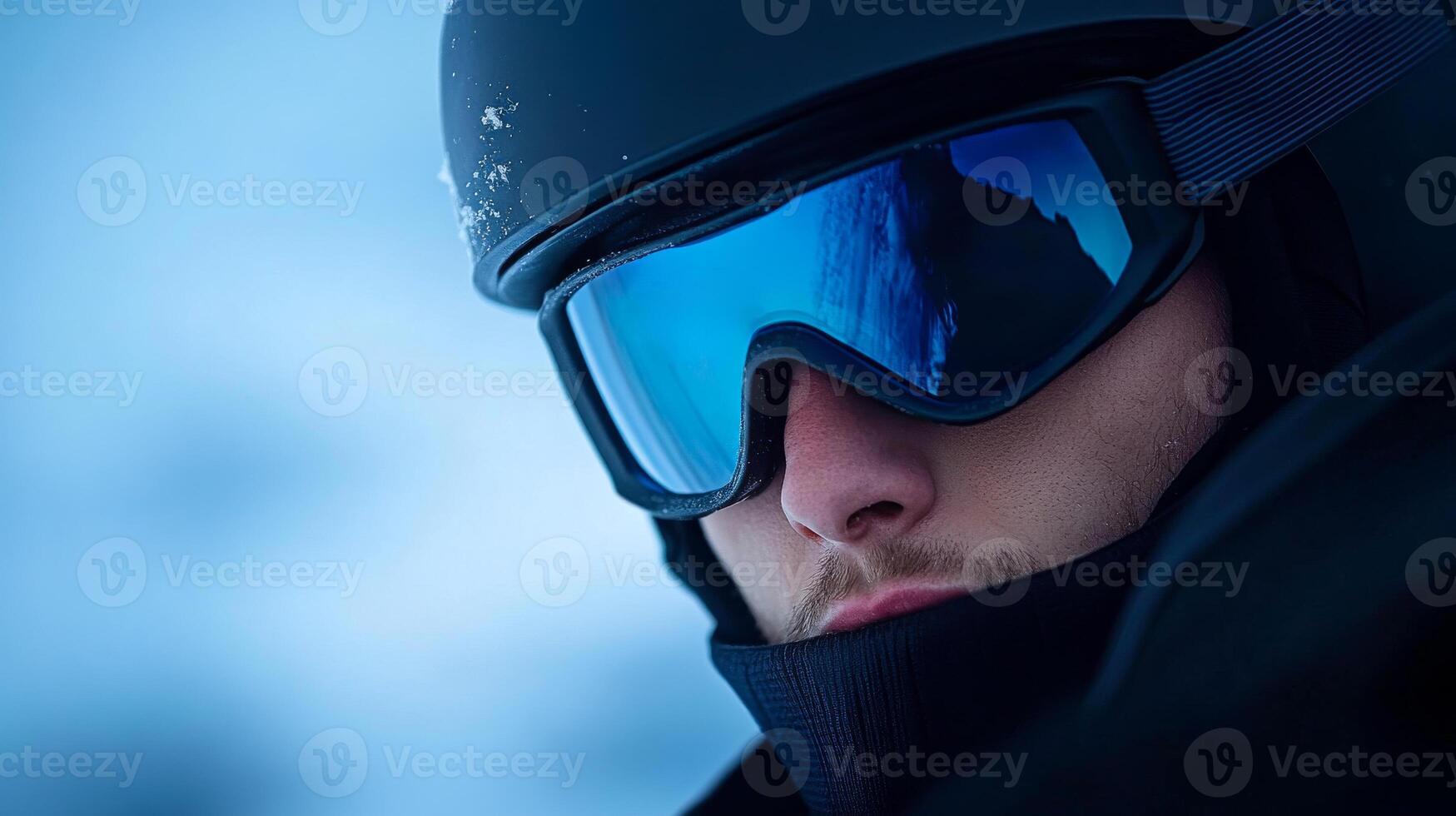 A man wearing a black helmet and blue goggles is standing in the snow. The goggles are designed to protect his eyes from the cold and snow, while the helmet provides additional protection for his head photo