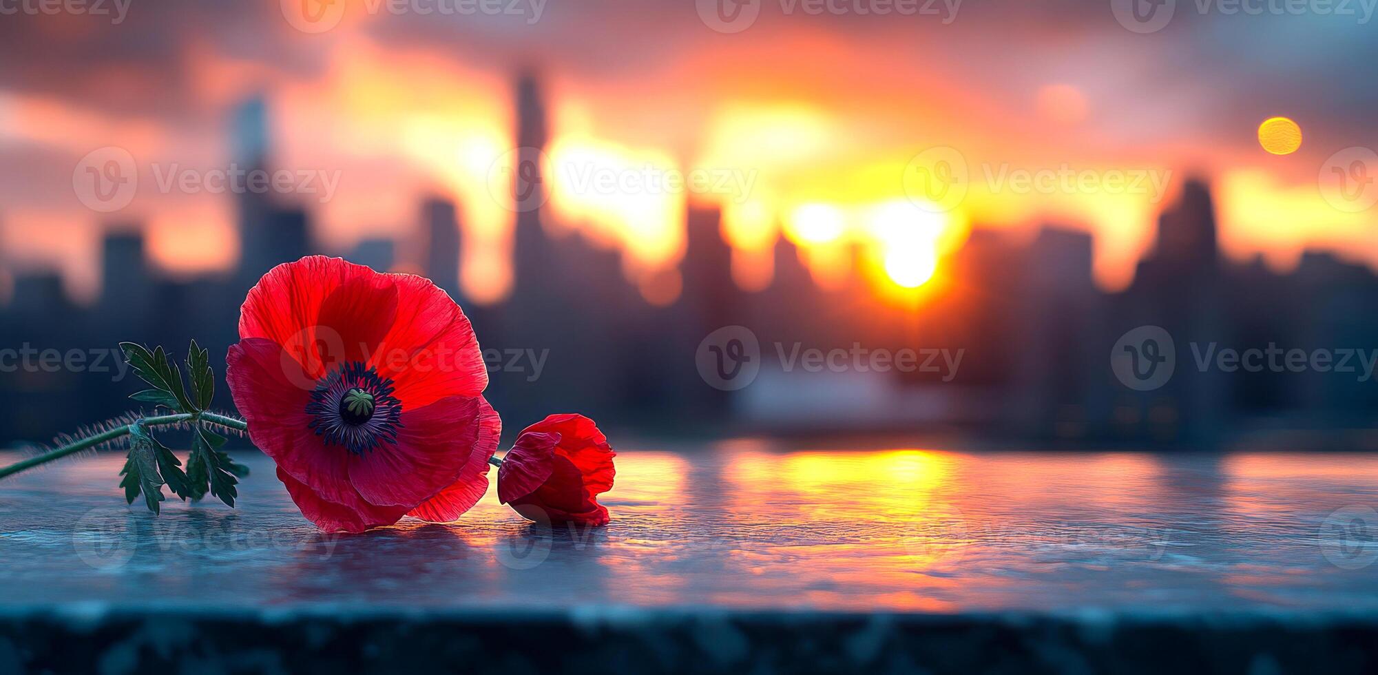 A red flower is on a ledge next to a city skyline. The flower is surrounded by water and the sky is orange and pink. Concept of peace and tranquility photo