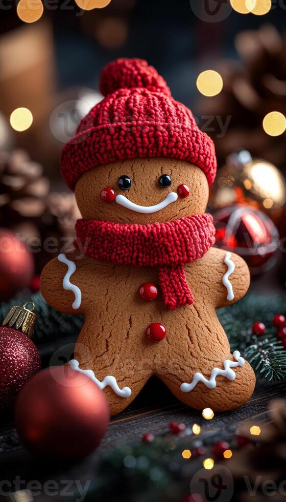 A gingerbread man with a red hat and scarf is smiling. The image is set in a Christmas setting with red decorations and ornaments photo