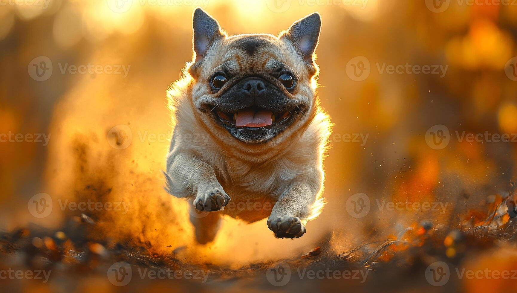 A small dog is running through the air, with its tongue hanging out and its eyes closed. The dog appears to be enjoying itself and is in a playful mood photo