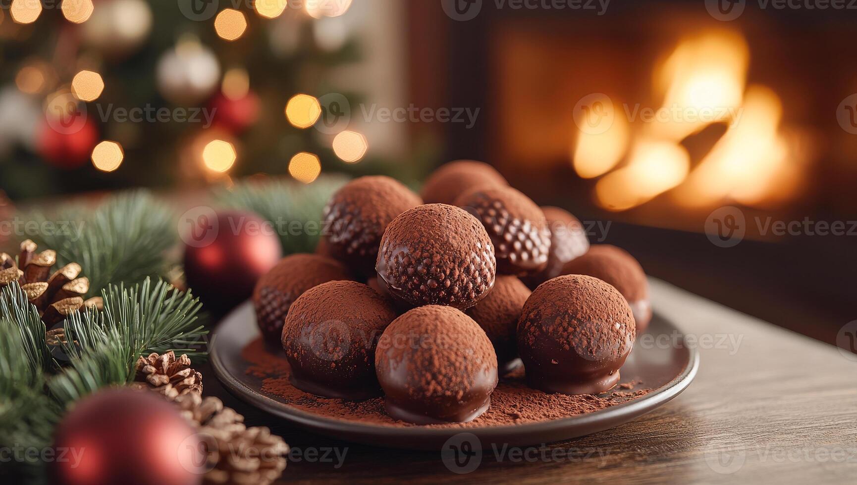 A plate of chocolate covered doughnuts sits on a table next to a Christmas tree. The plate is covered in chocolate and the doughnuts are piled on top of each other. The scene is festive and inviting photo