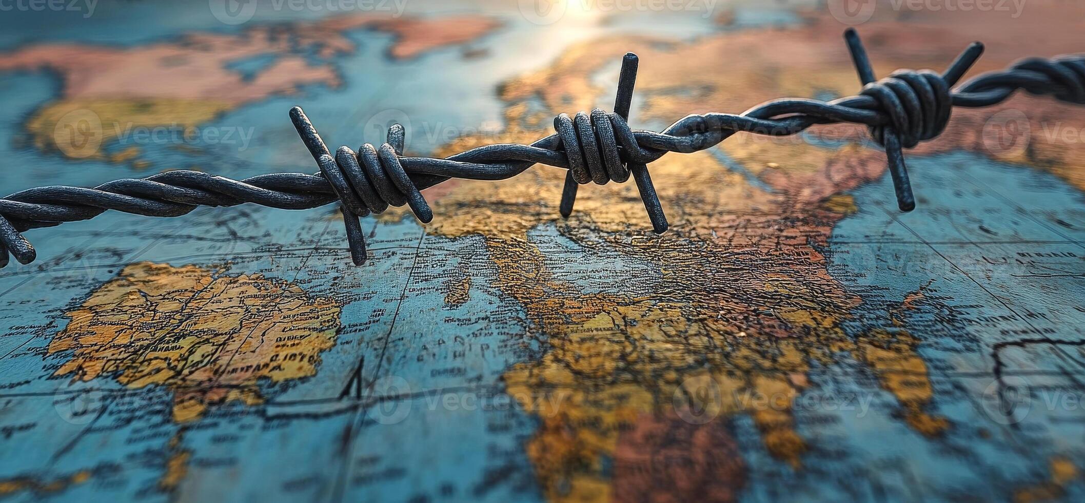 A map of the world with a barbed wire fence placed on it. Entry and exit into the country is prohibited. The map is blue and features various countries photo