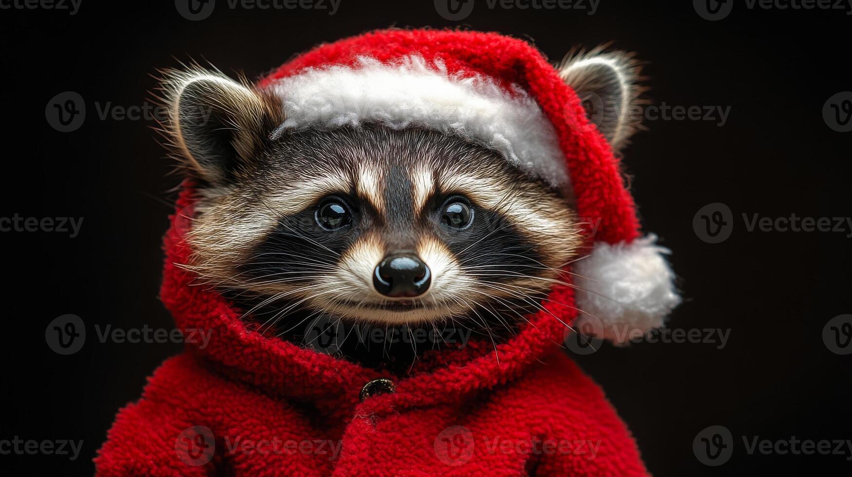 A raccoon wearing a red Santa hat and a red coat. The raccoon is smiling and looking at the camera photo