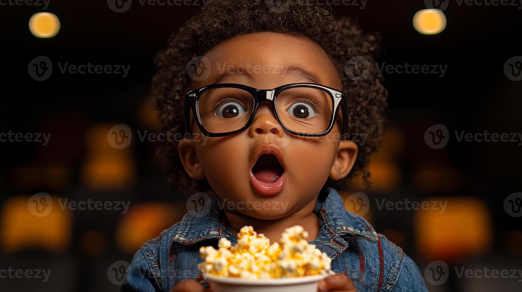 A young child wearing glasses and holding a bowl of popcorn. The child has an open mouth and is looking at the camera photo