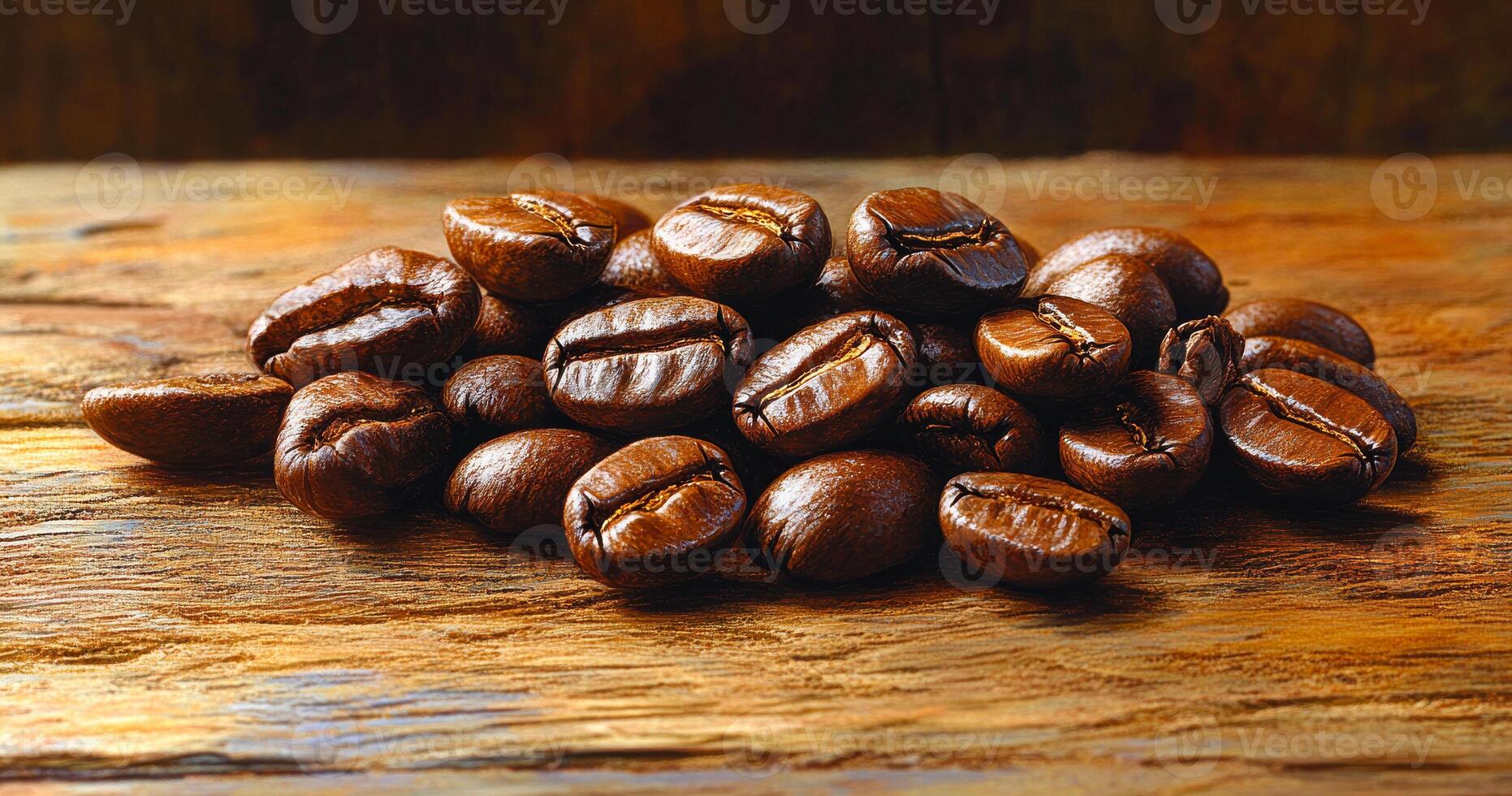 Brown coffee beans are neatly placed on a textured wooden surface, showcasing their rich color and natural sheen. photo