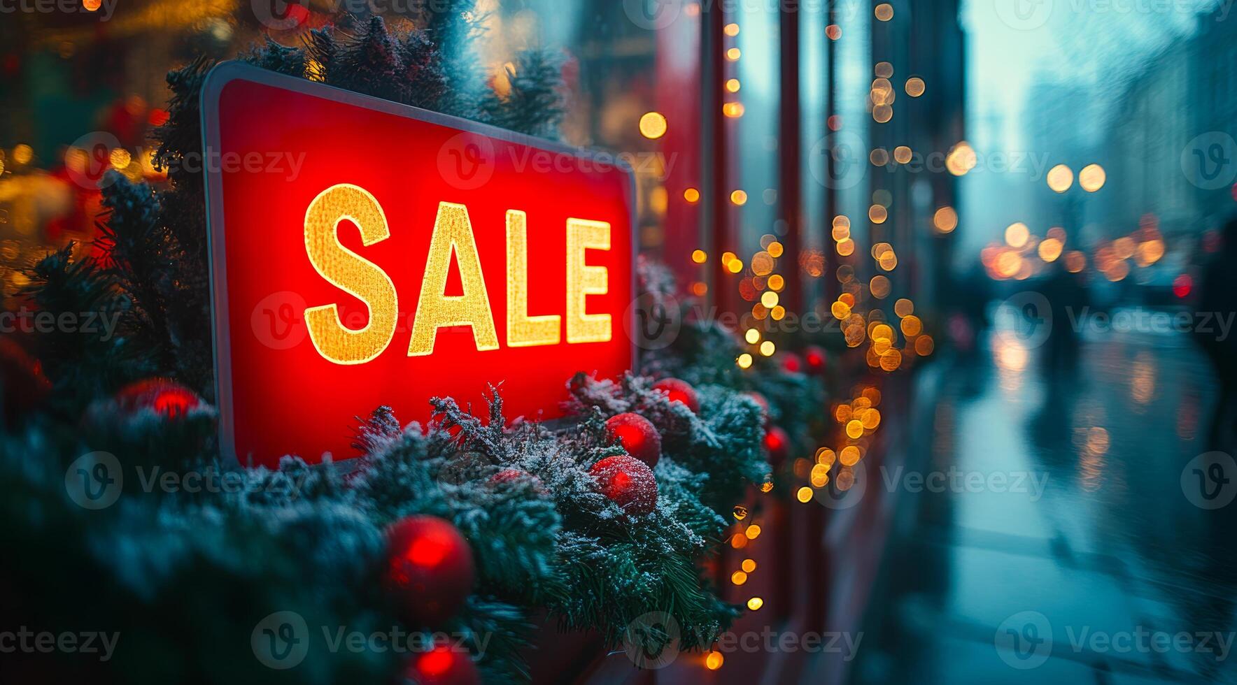 Festive holiday sale sign lit downtown. A bright sale sign shines in downtown, amidst holiday decor and lights, creating a festive shopping vibe. photo