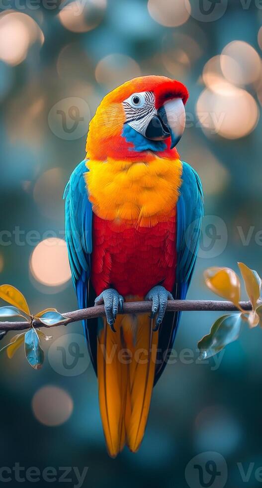 A colorful parrot is perched on a branch. The bird is bright and lively, with a mix of red, yellow, and blue feathers. The scene is set in a lush, green environment, with trees photo