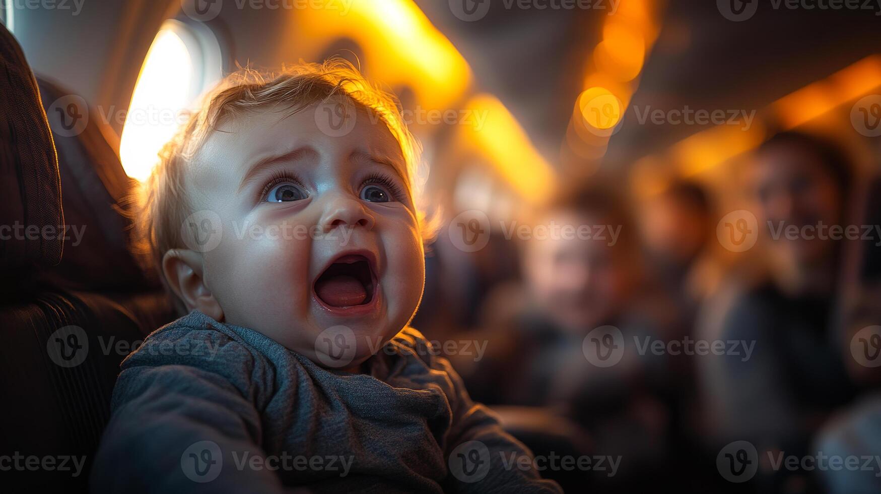 A baby is crying in an airplane. The baby is surrounded by other people, some of whom are looking at the baby. Scene is sad and emotional photo