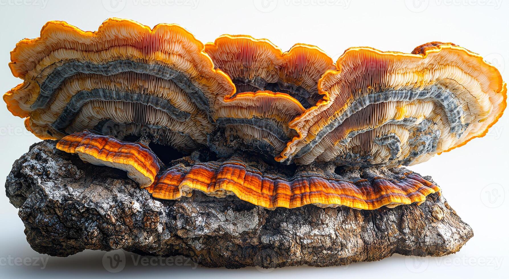 A large mushroom with orange and brown colors. The mushroom is on a rock. The rock is brown and has a rough texture photo
