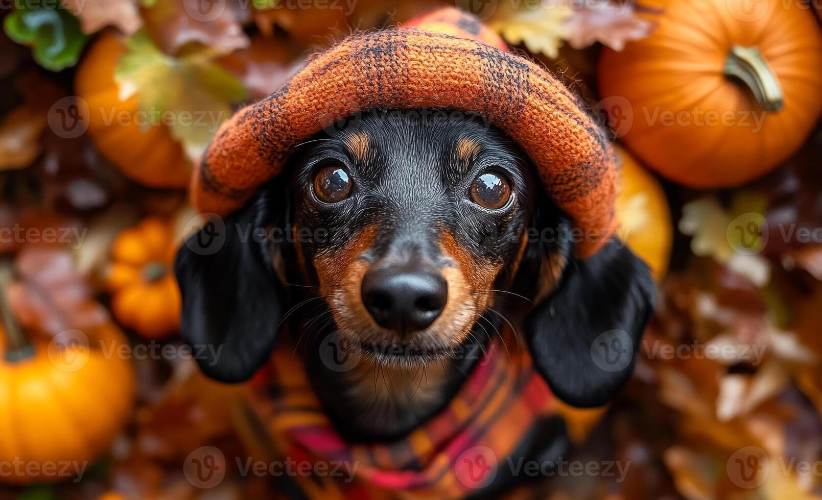 A black and brown dog wearing a red and orange hat and scarf is standing in front of a pile of pumpkins photo