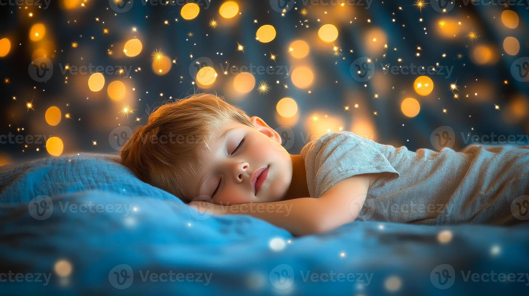 A young boy is sleeping on a bed with a blue blanket. The room is decorated with lights, creating a cozy and warm atmosphere photo