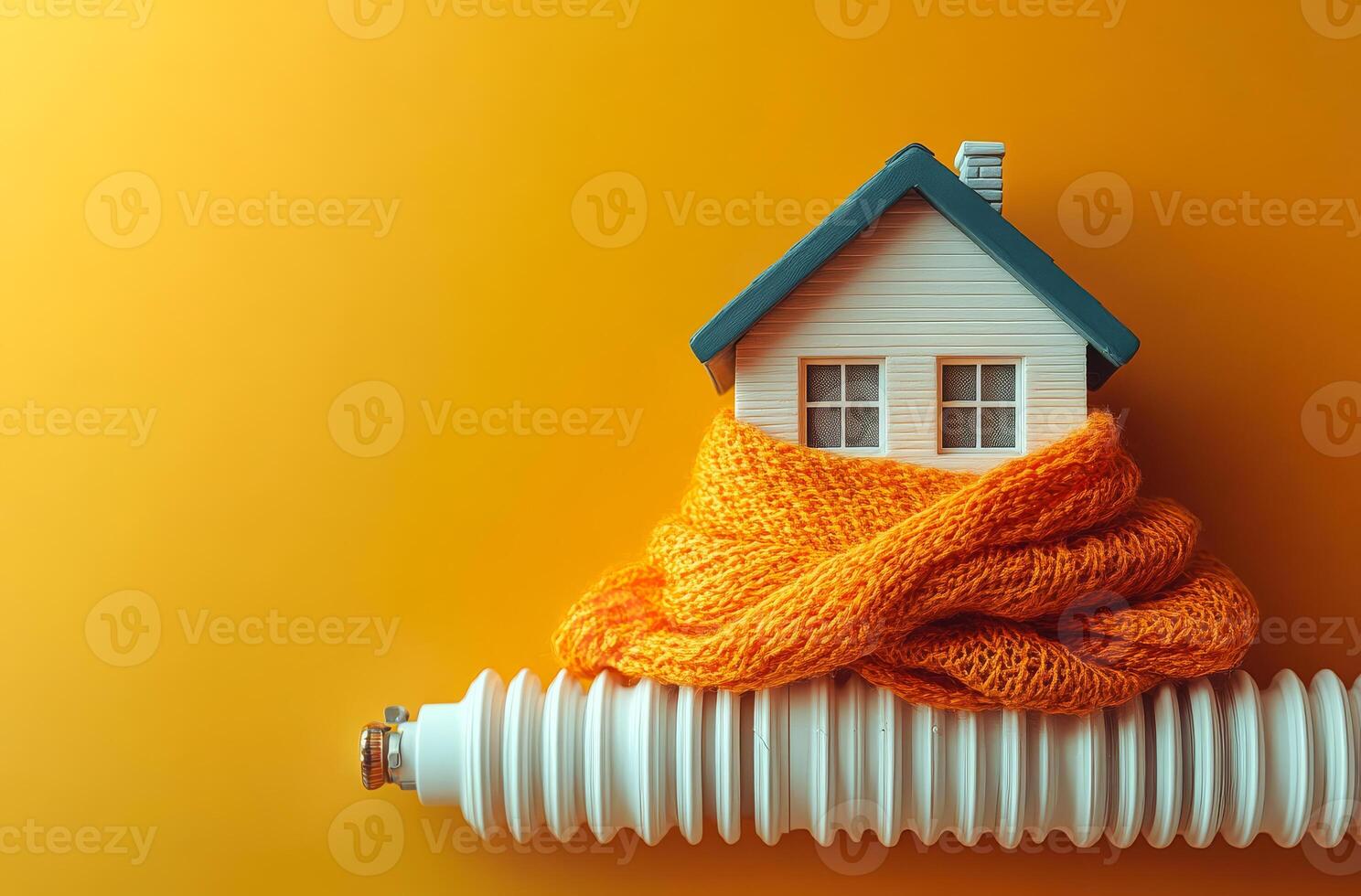 Cozy home wrapped in warm scarf above radiator. A small house model is wrapped in a bright orange scarf resting on a radiator against a vibrant yellow background. photo