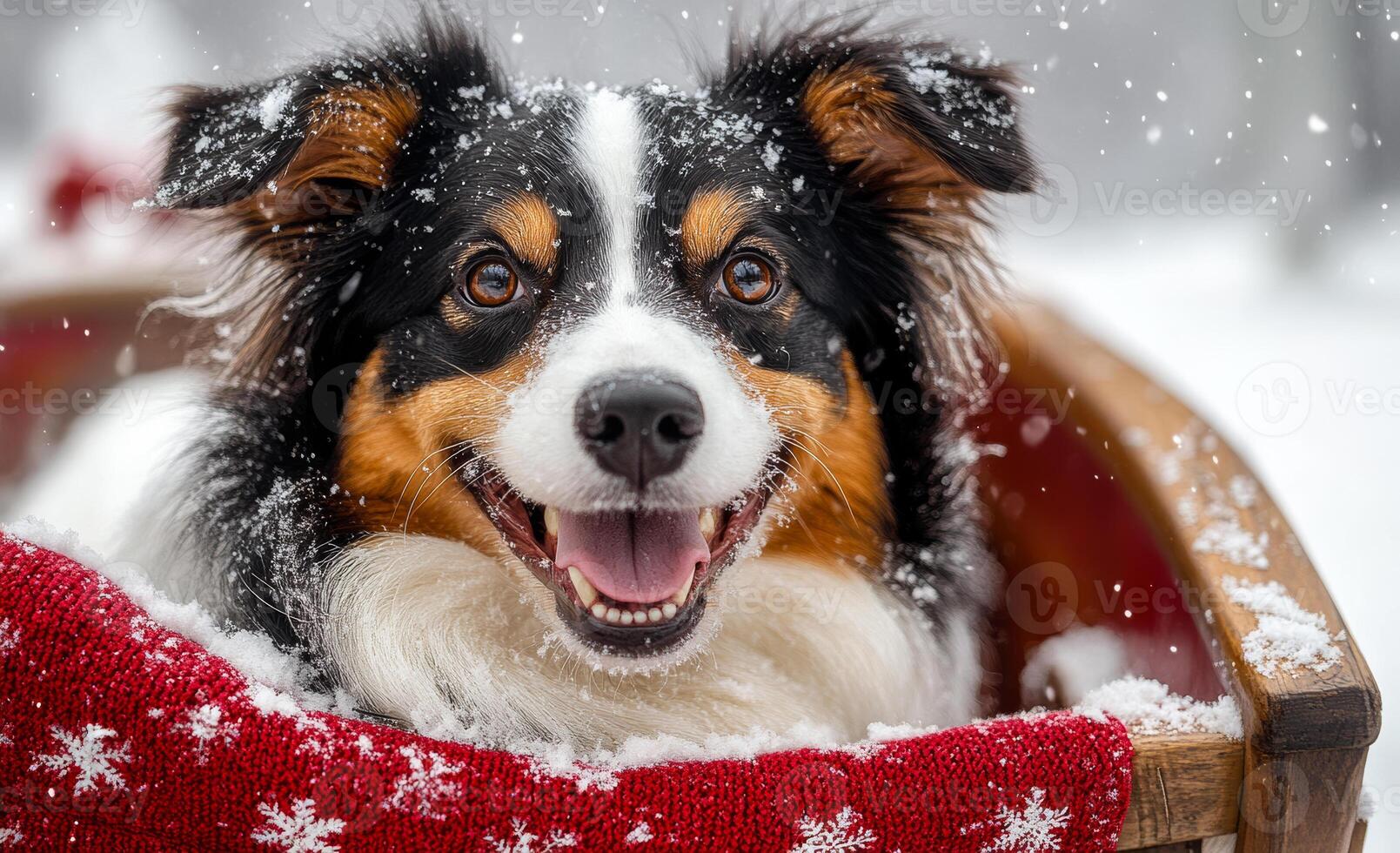A dog is sitting in a red blanket with snow on its fur. The dog is smiling and he is happy photo