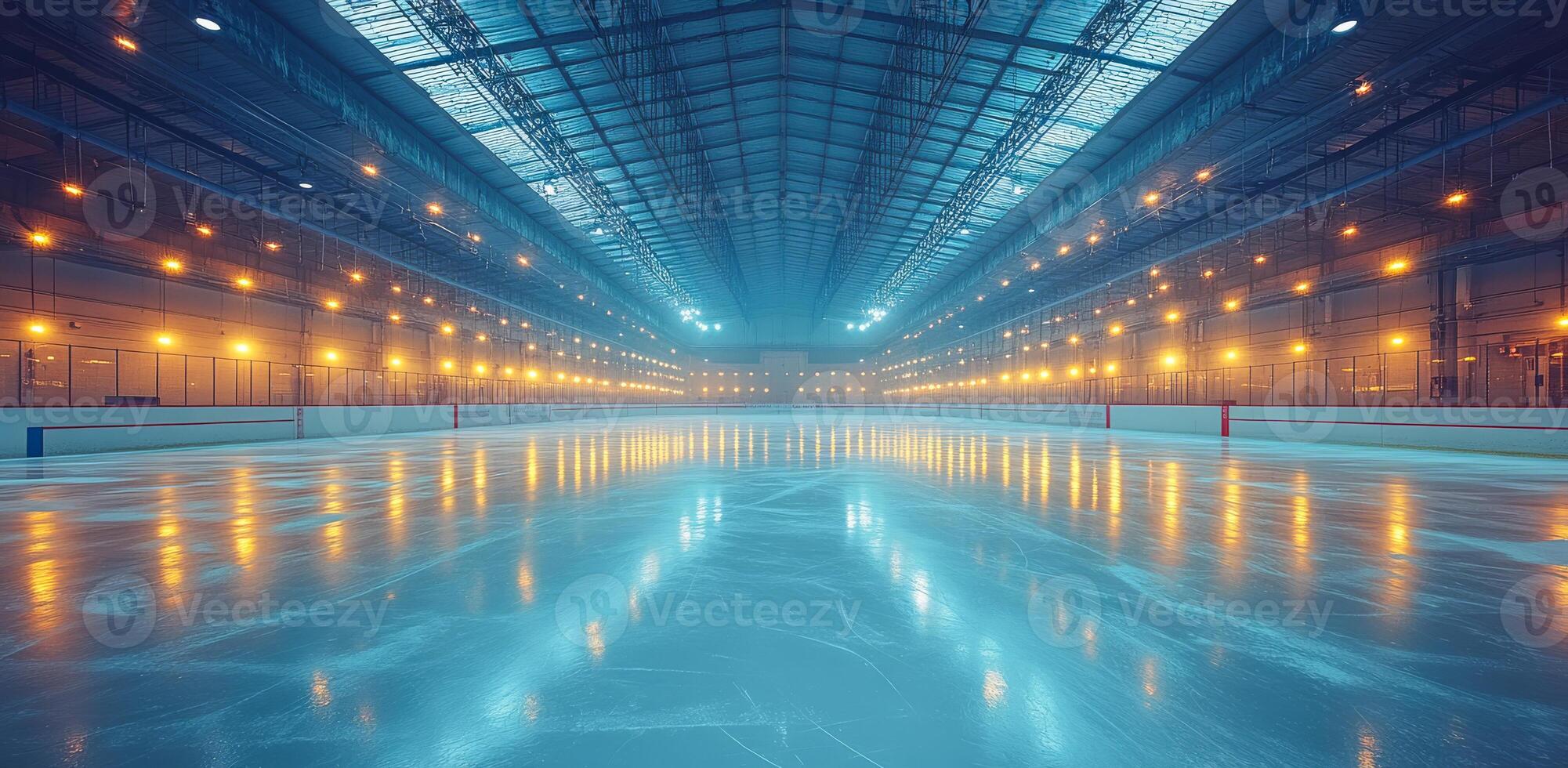 A large indoor ice rink with lights shining on the ice. Scene is bright and energetic photo