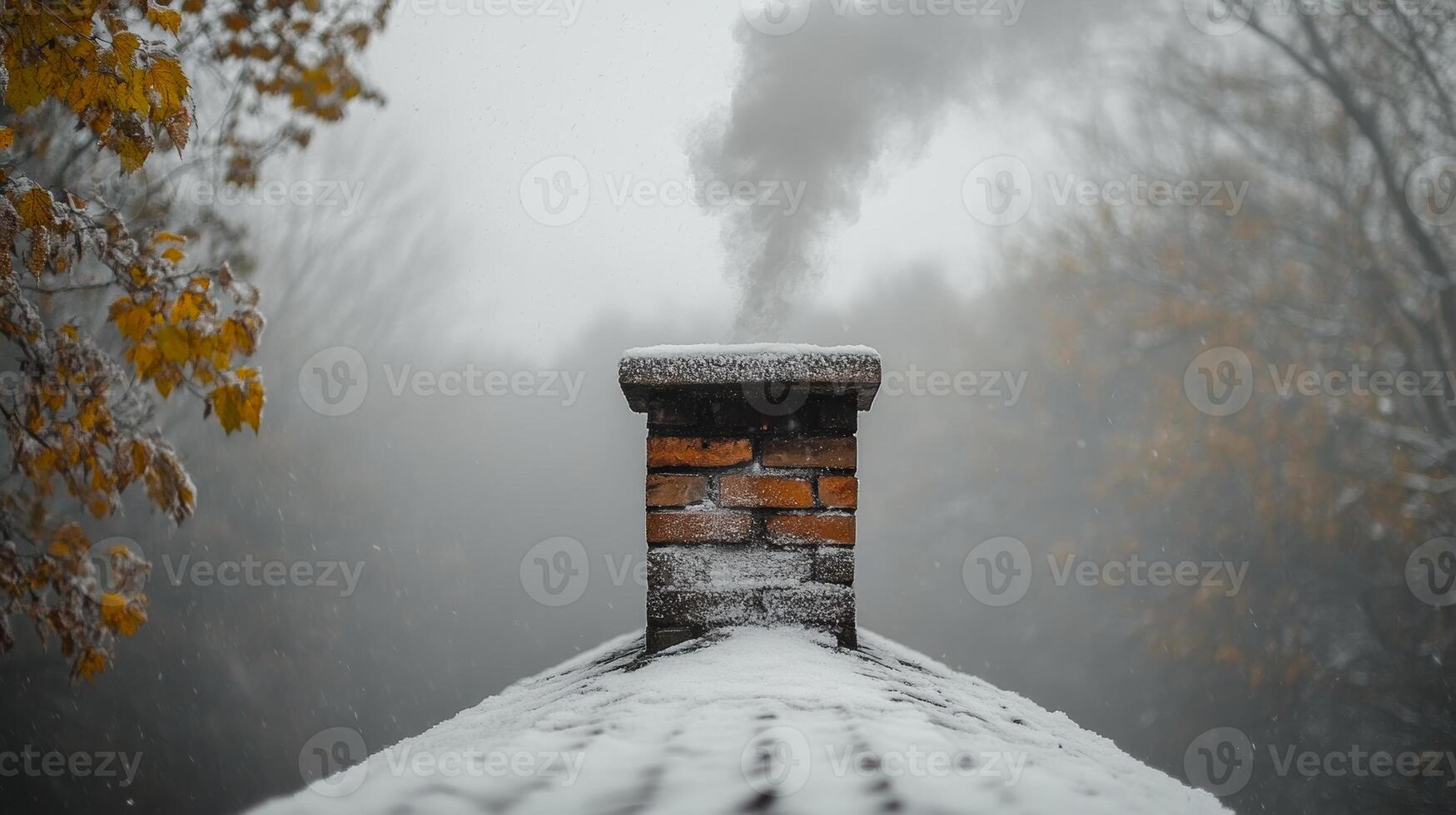 A chimney with smoke coming out of it. The chimney is covered in snow. The image has a moody and somewhat eerie feeling photo
