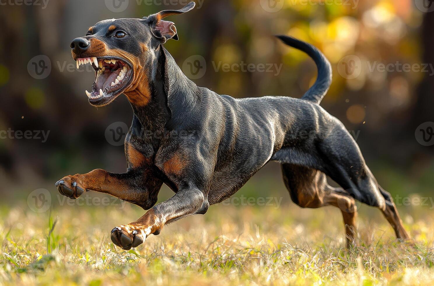 A dog is running with its mouth open, showing its teeth. The dog appears to be in a playful mood, as it is running and he is enjoying itself photo