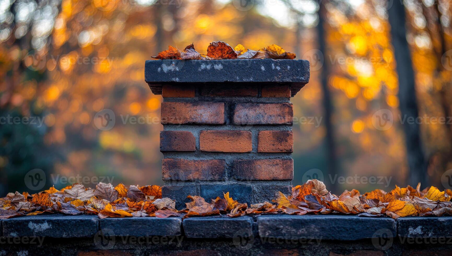 A brick chimney with leaves on top of it. The leaves are orange and yellow. The chimney is surrounded by a pile of leaves photo