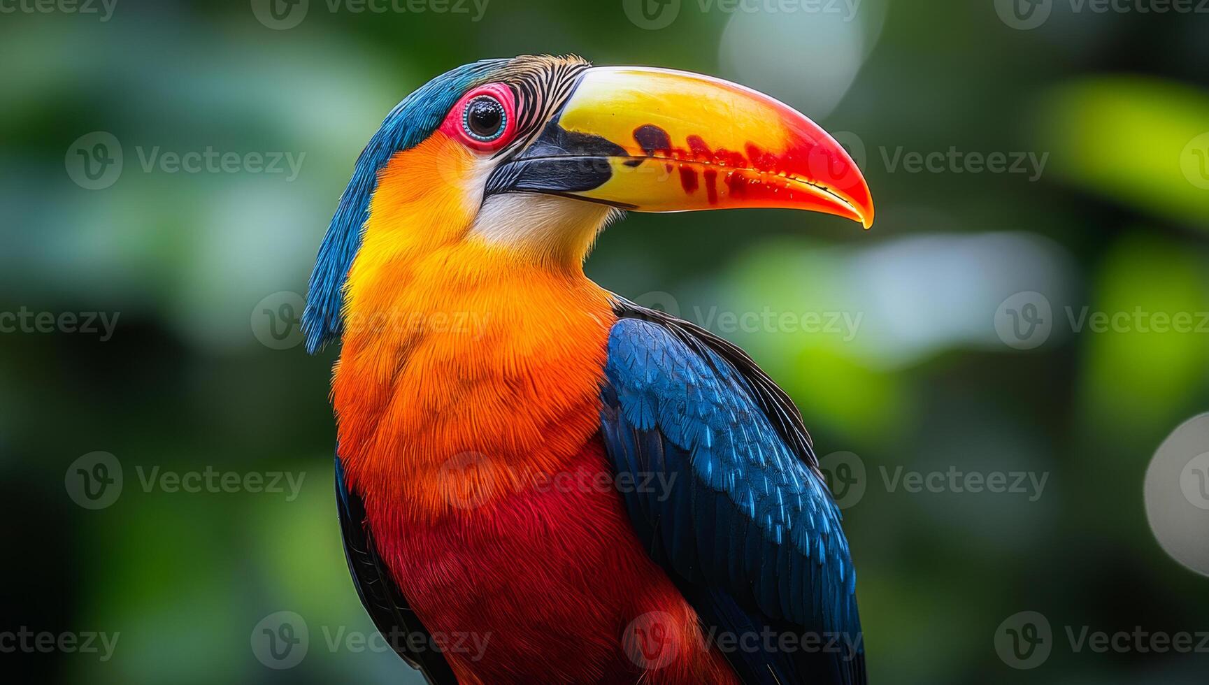 A colorful bird with a red beak and blue and yellow feathers. The bird is standing in front of green leaves photo