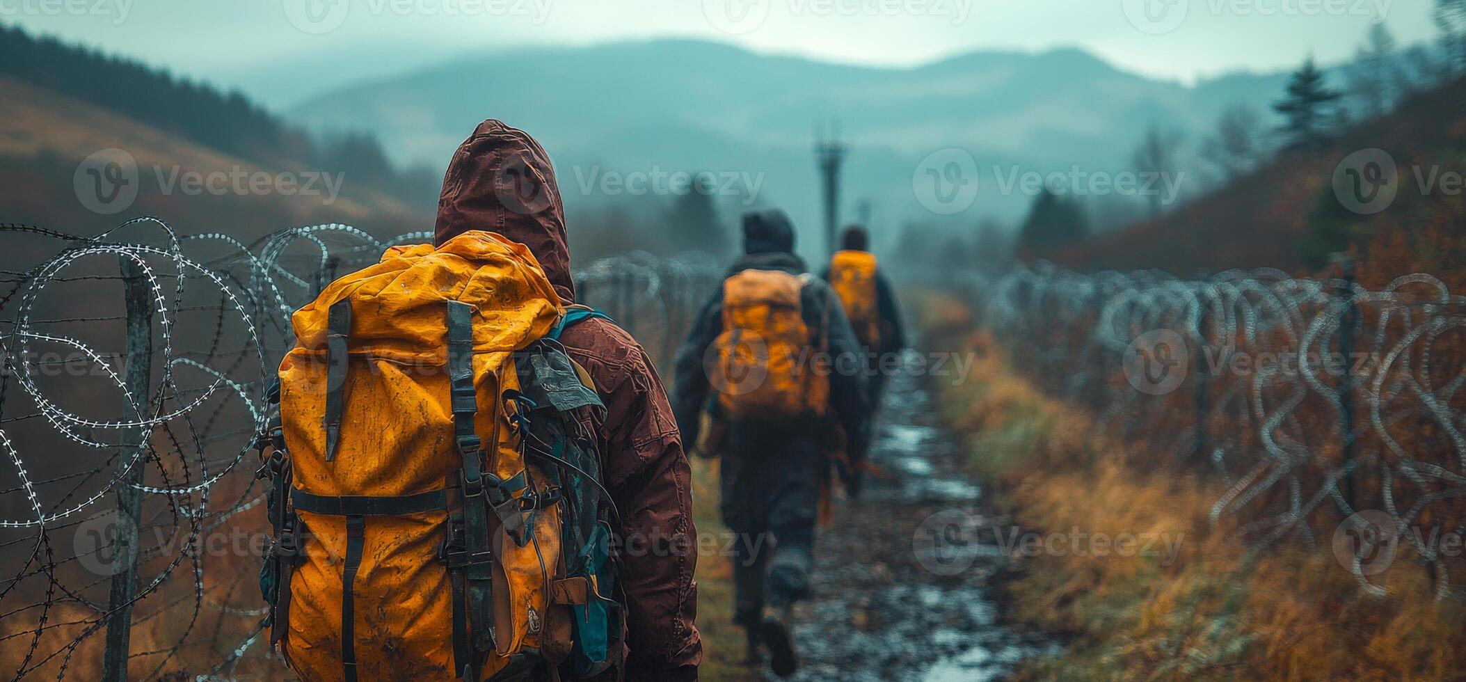 A group of people are walking down a path with a yellow backpack on one of them. Scene is somewhat somber, as the group appears to be walking through a desolate area photo
