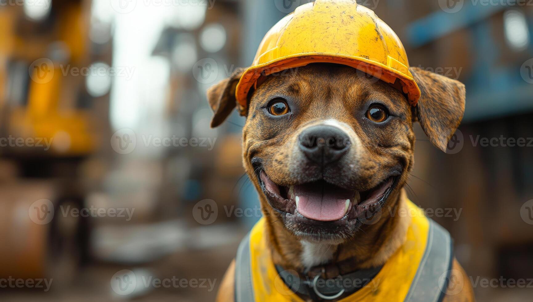 A cheerful dog in a hard hat stands at a construction site, surrounded by machinery and yellow equipment during the day. photo