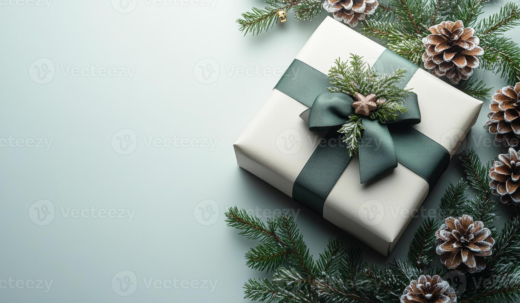 A white box with a green ribbon and pine cones on top of it. The pine cones are arranged in a way that they look like they are on a Christmas tree. The box is placed on a table photo