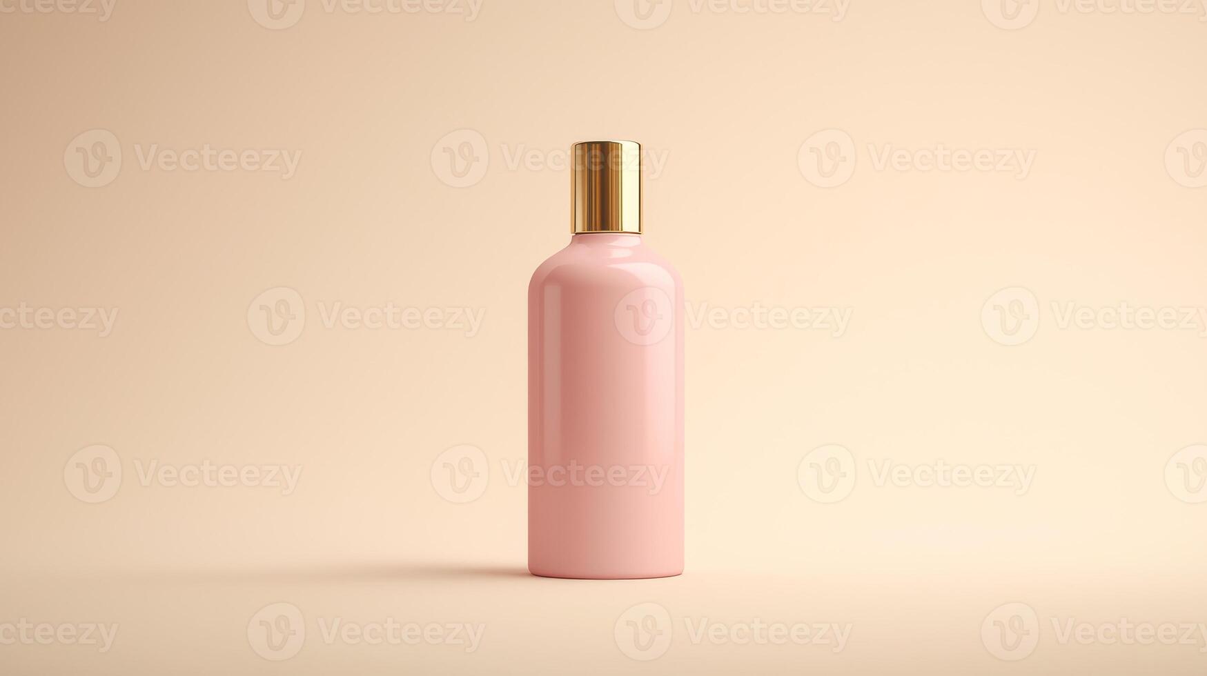 A sleek pink bottle with a gold cap stands elegantly on a soft beige backdrop, showcasing its modern design. photo