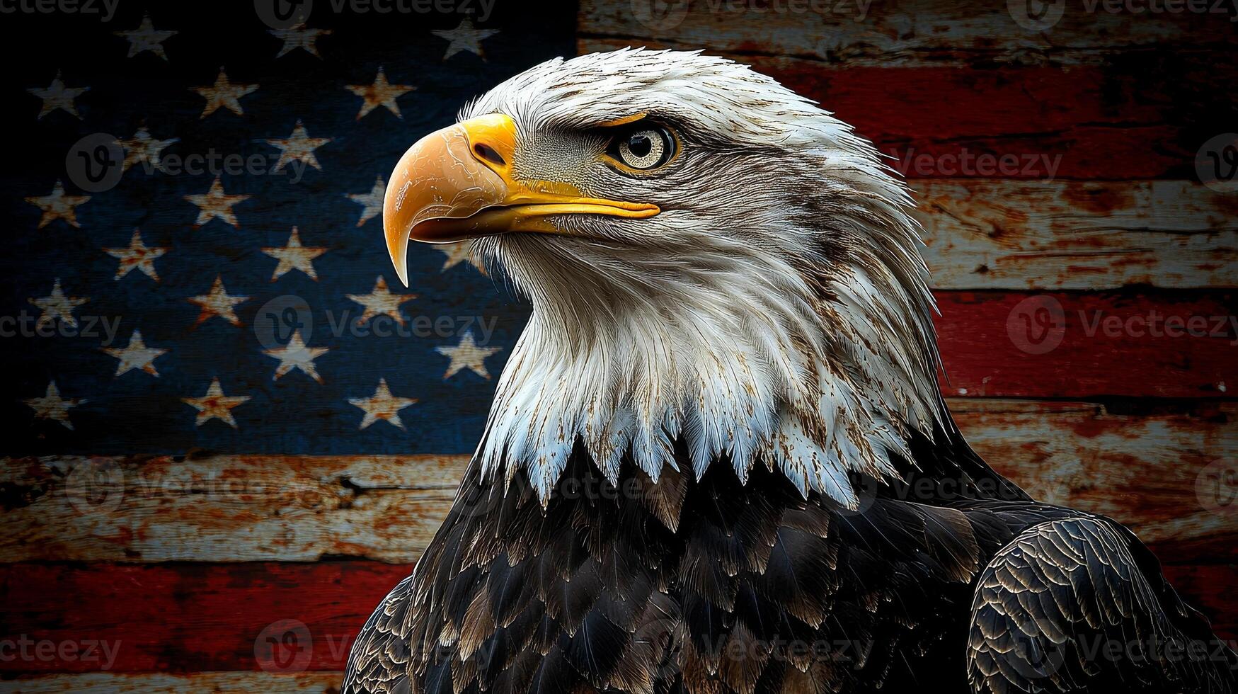 A bald eagle is standing in front of the American flag. The eagle is looking directly at the camera, and the flag is red, white, and blue. Concept of patriotism and pride in the United States photo
