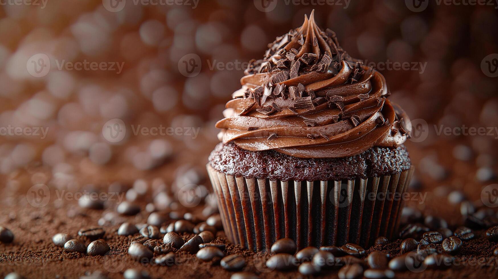 A delicious chocolate cupcake topped with rich, creamy frosting and chocolate shavings, surrounded by coffee beans. photo