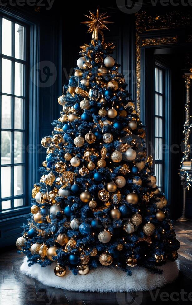 Luxurious room with a stunning tree. A stunning Christmas tree adorned with blue and gold ornaments stands elegantly in an opulent setting during winter. photo