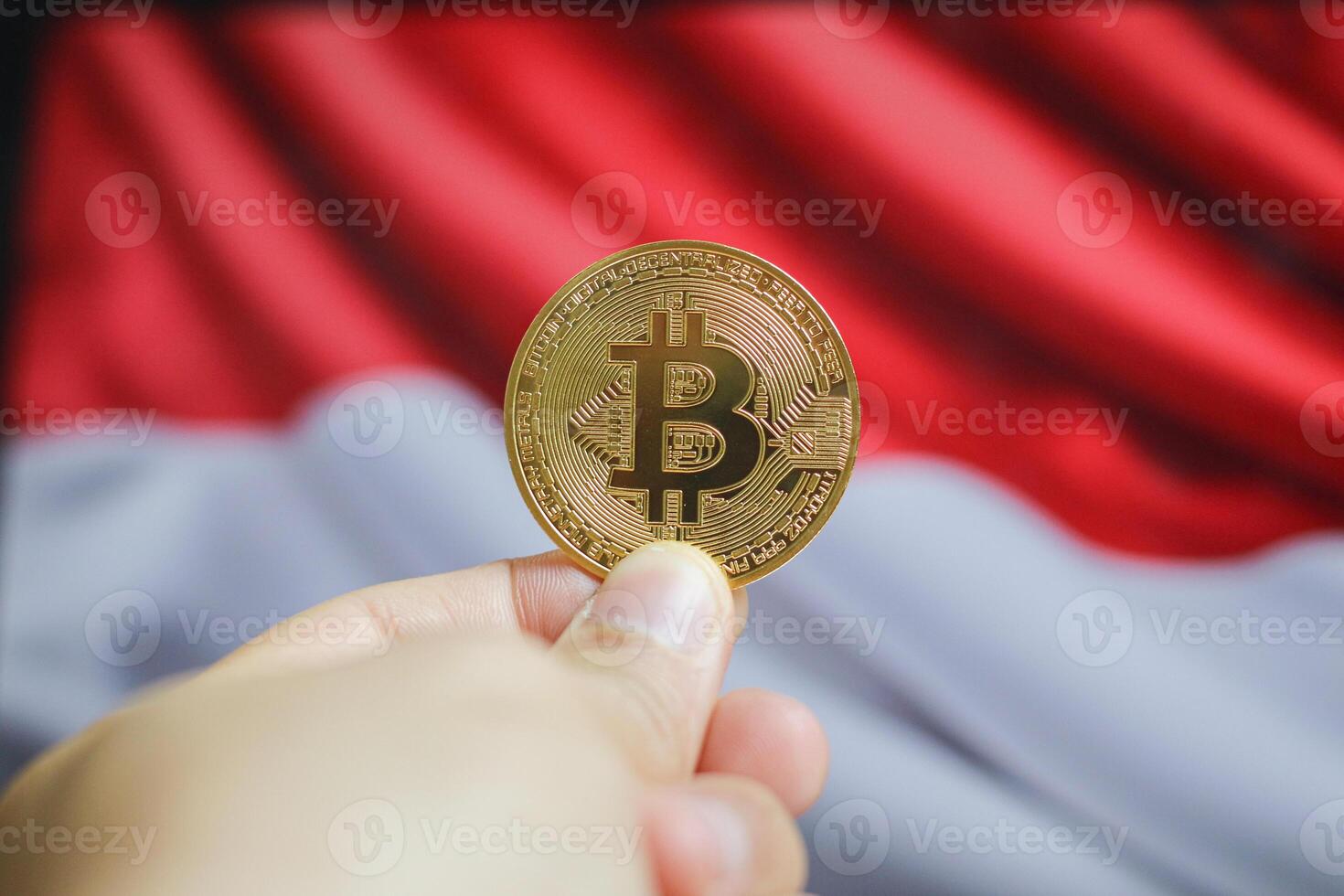 Hold the Indonesia flag and a physical representation of Bitcoin the new virtual currency. In Indonesia, there is a concept map of cryptocurrencies and blockchain technology investors. photo