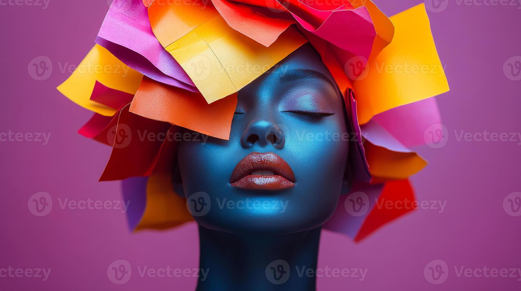 A woman with a colorful headdress and red lips. The woman is wearing a blue dress and has a blue background photo