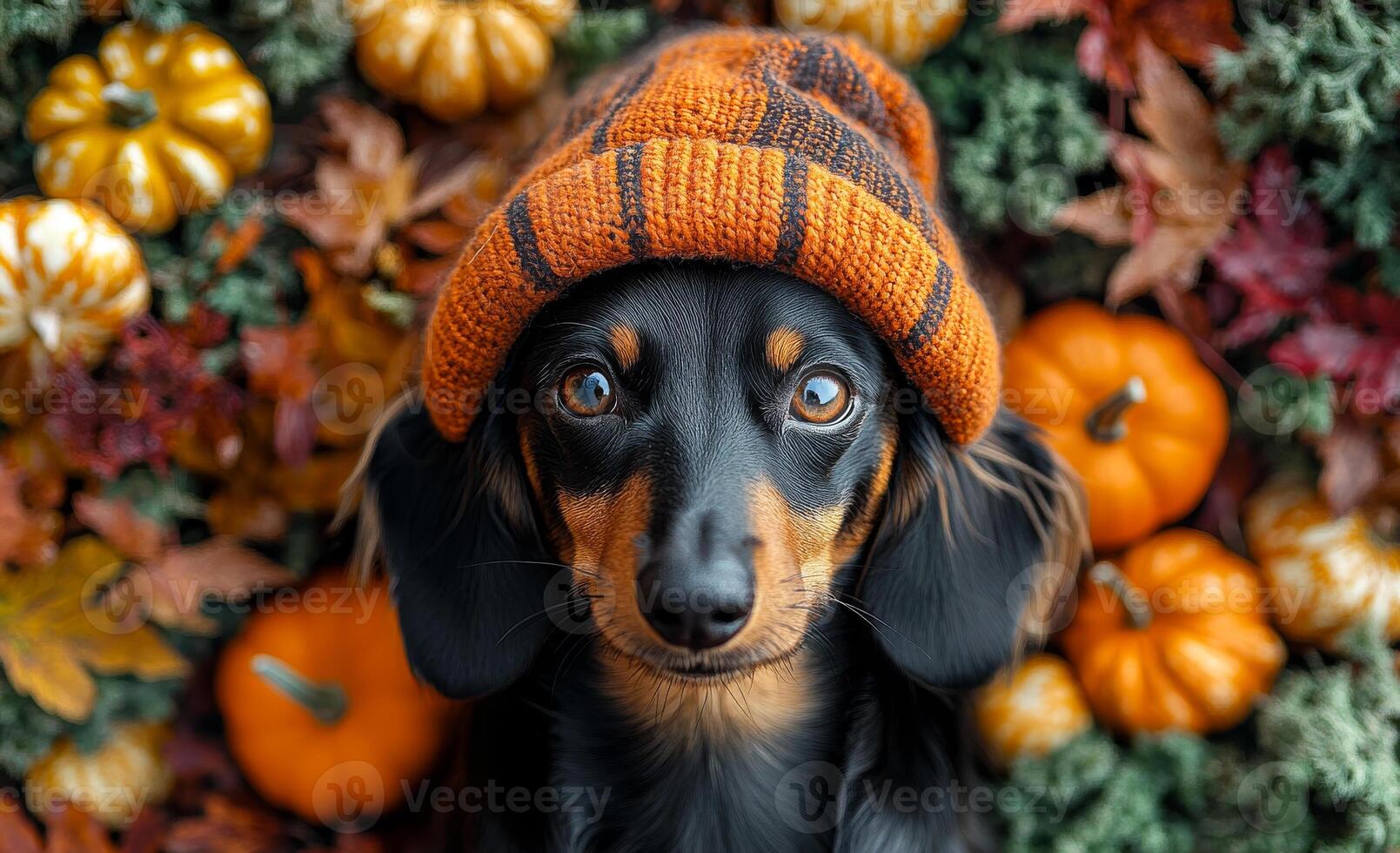 A black and brown dog wearing a red and orange hat is sitting in front of a pile of pumpkins photo