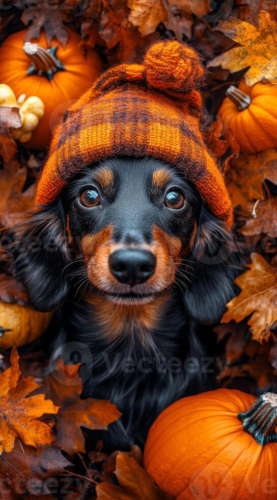 A dog wearing a plaid hat is surrounded by pumpkins and leaves. The dog is the main focus of the image, and the pumpkin and leaf decorations create a festive and autumnal atmosphere photo
