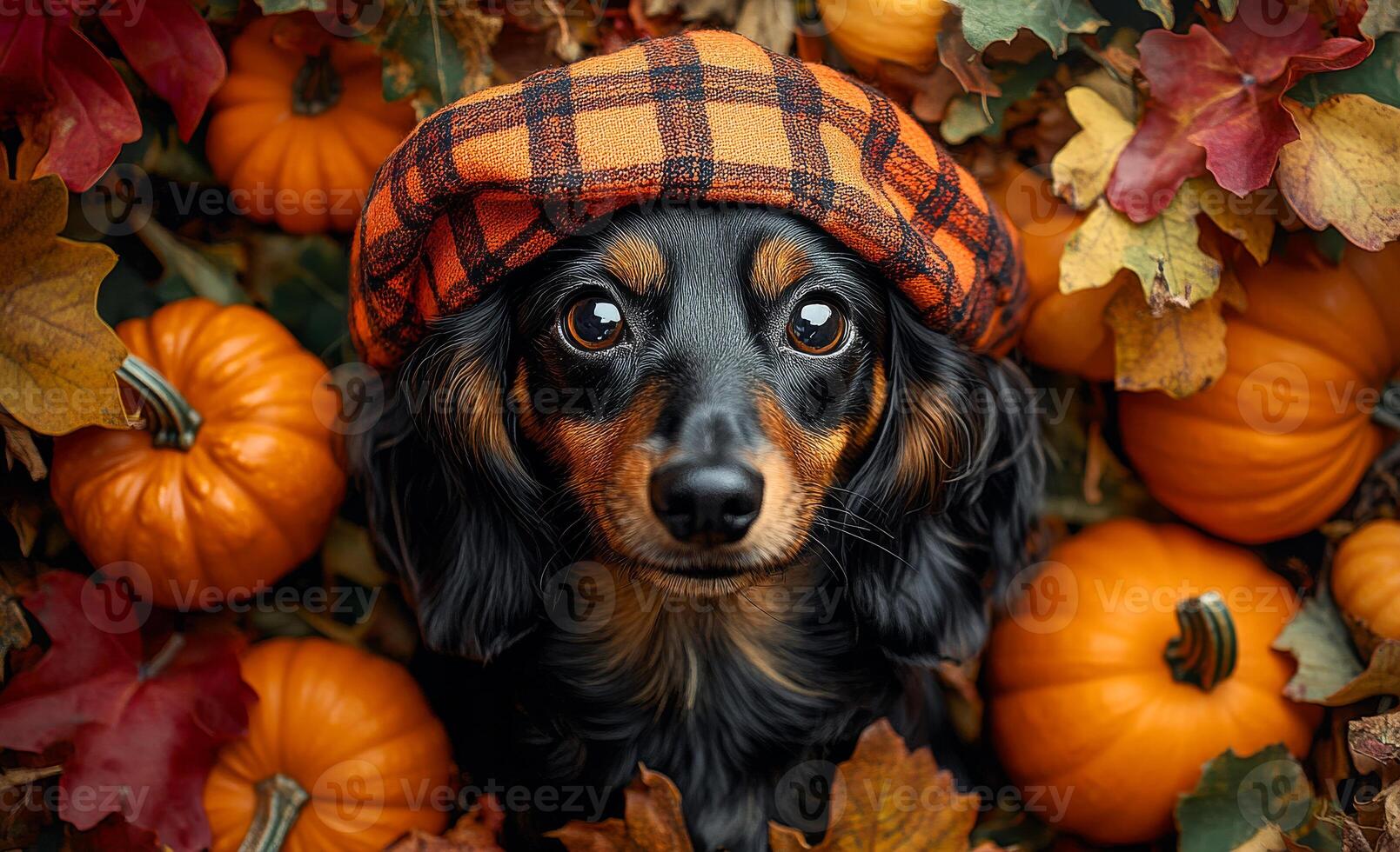 A black and brown dog wearing a plaid hat is surrounded by pumpkins and leaves. The dog is the main focus of the image, and the pumpkins and leaves create a festive and autumnal atmosphere photo