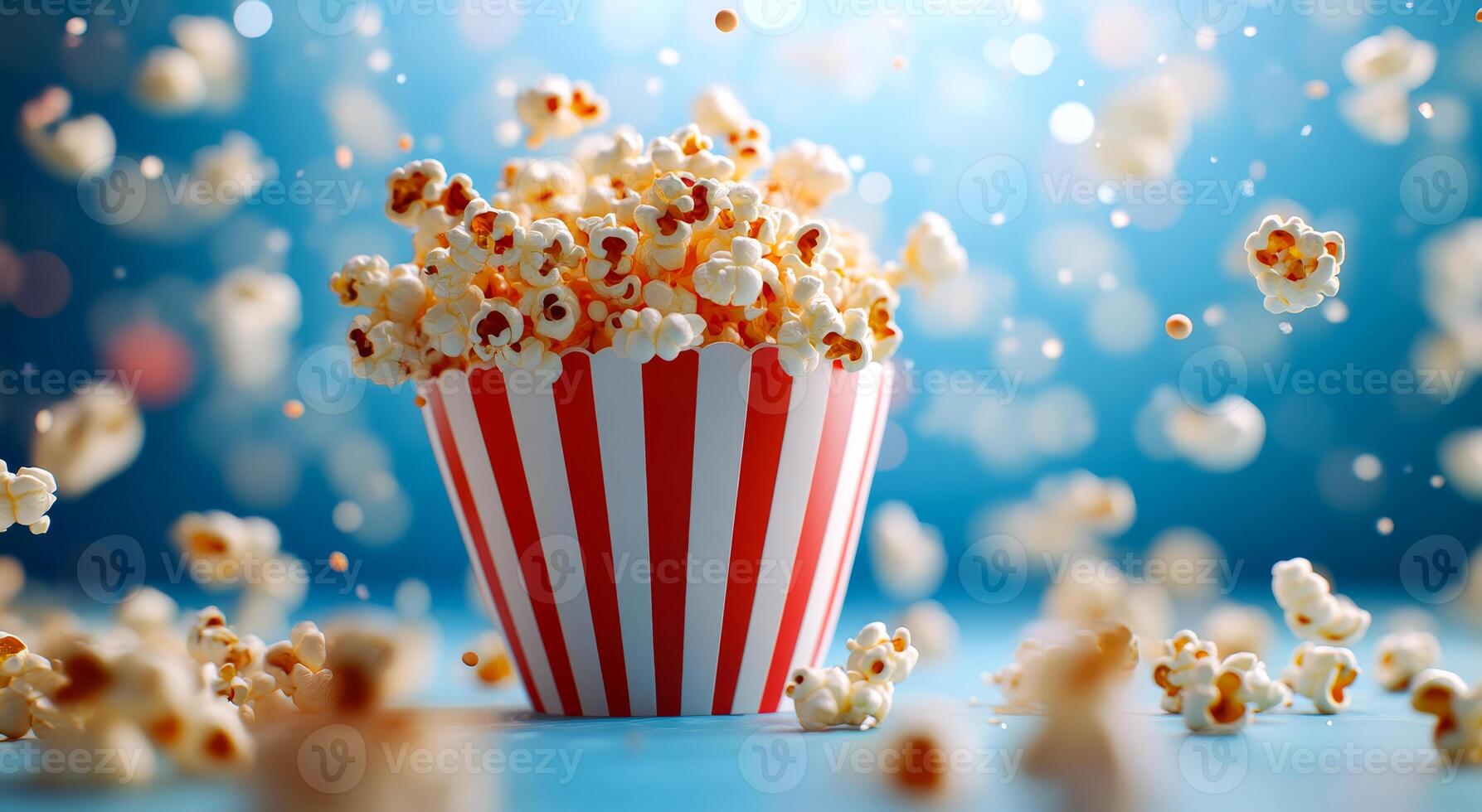 A red and white popcorn bucket is filled with popcorn. The popcorn is scattered all over the table, creating a fun and playful atmosphere photo