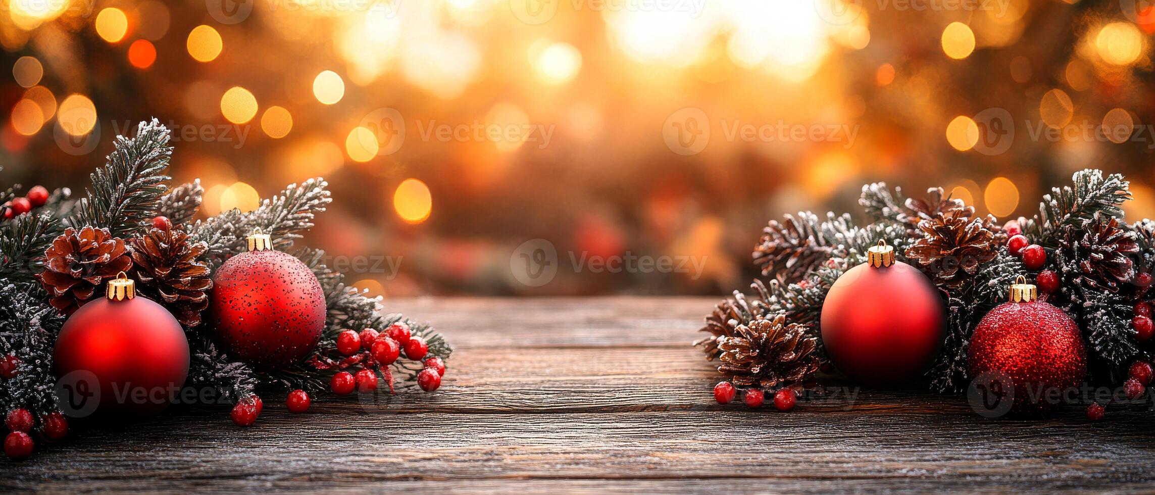A wooden table with a red and green Christmas tree on it. The tree is decorated with red and green balls and pine cones photo