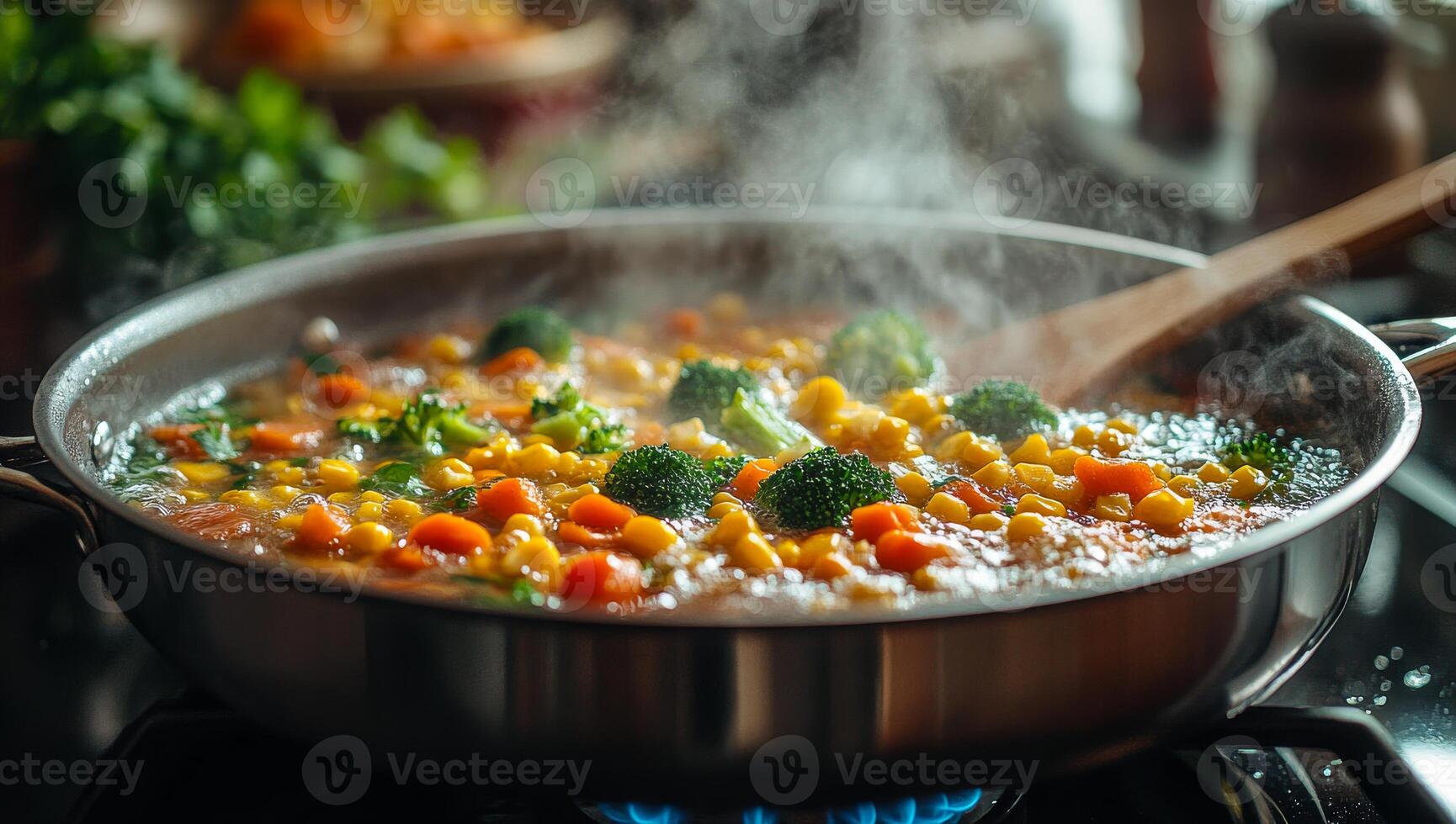 A pot of soup is cooking on a stove. The soup is full of vegetables, including carrots, broccoli, and corn. The steam from the soup is rising, and the pot is on a burner photo