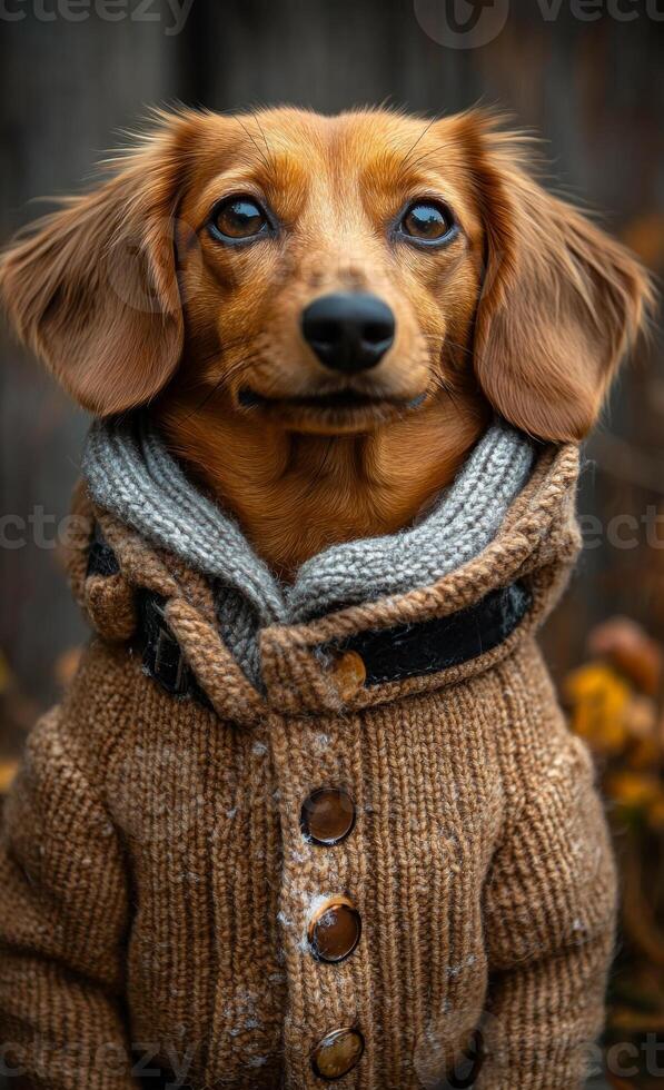 A dog is wearing a brown sweater and looking at the camera. The sweater is made of wool and has buttons on the front. The dog appears to be happy and content in its warm clothing photo