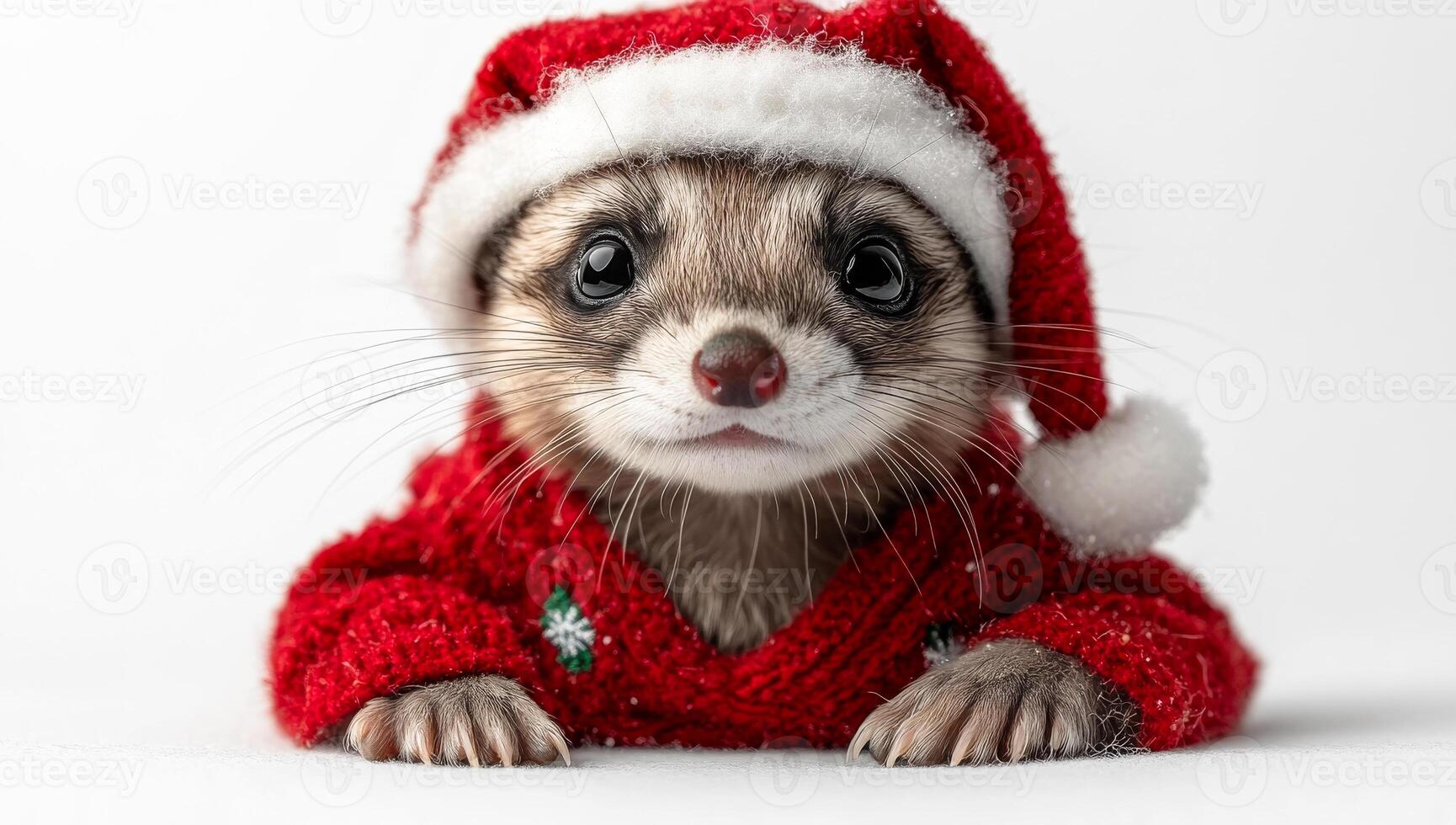 A small animal wearing a red Santa hat and a red sweater. The animal is looking at the camera with a smile photo