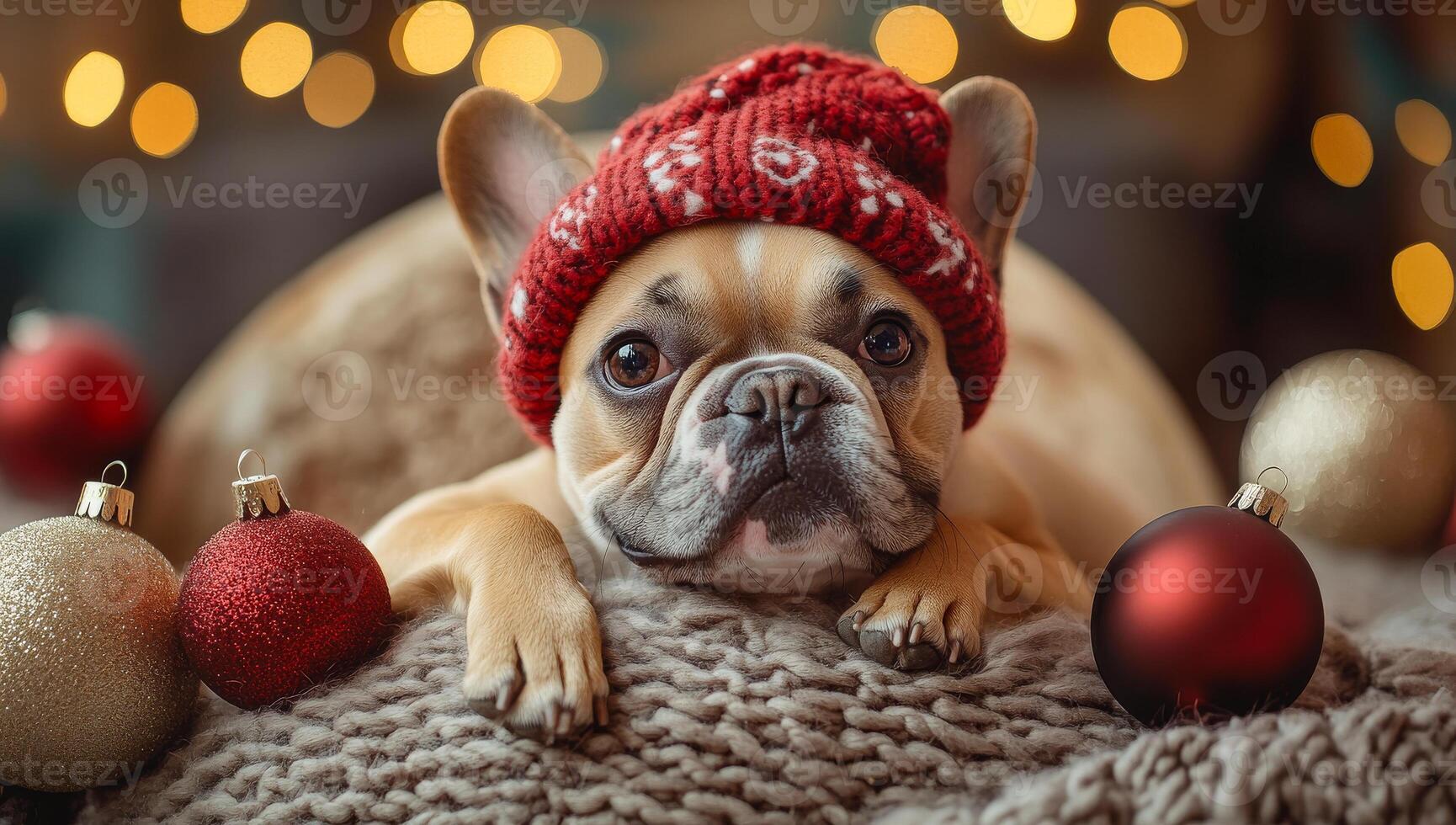 A small dog is wearing a red hat and laying on a bed with a bunch of Christmas ornaments photo