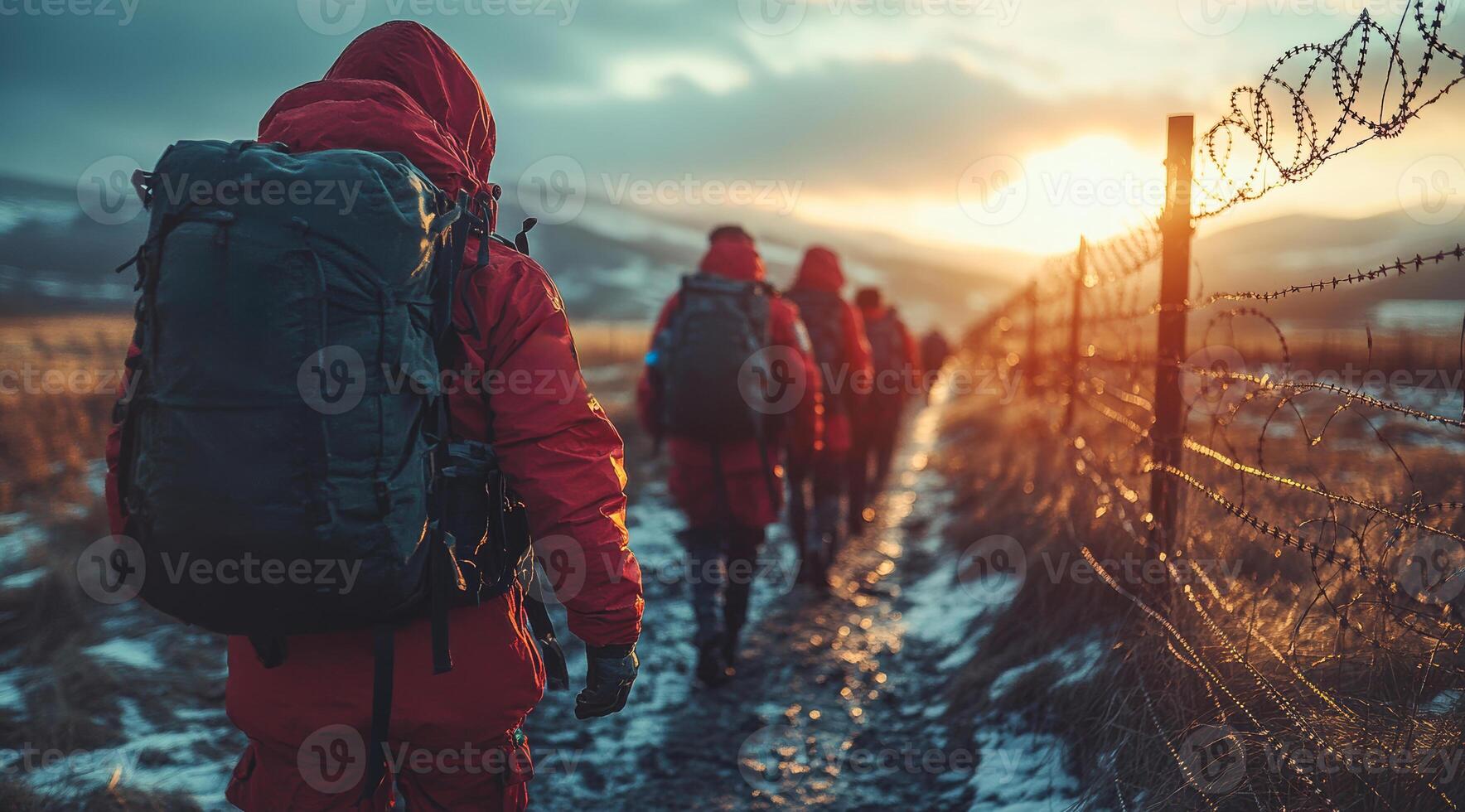 A group of people are walking down a path with a fence in the background. The sun is setting, casting a warm glow over the scene. The people are wearing red jackets and backpacks photo