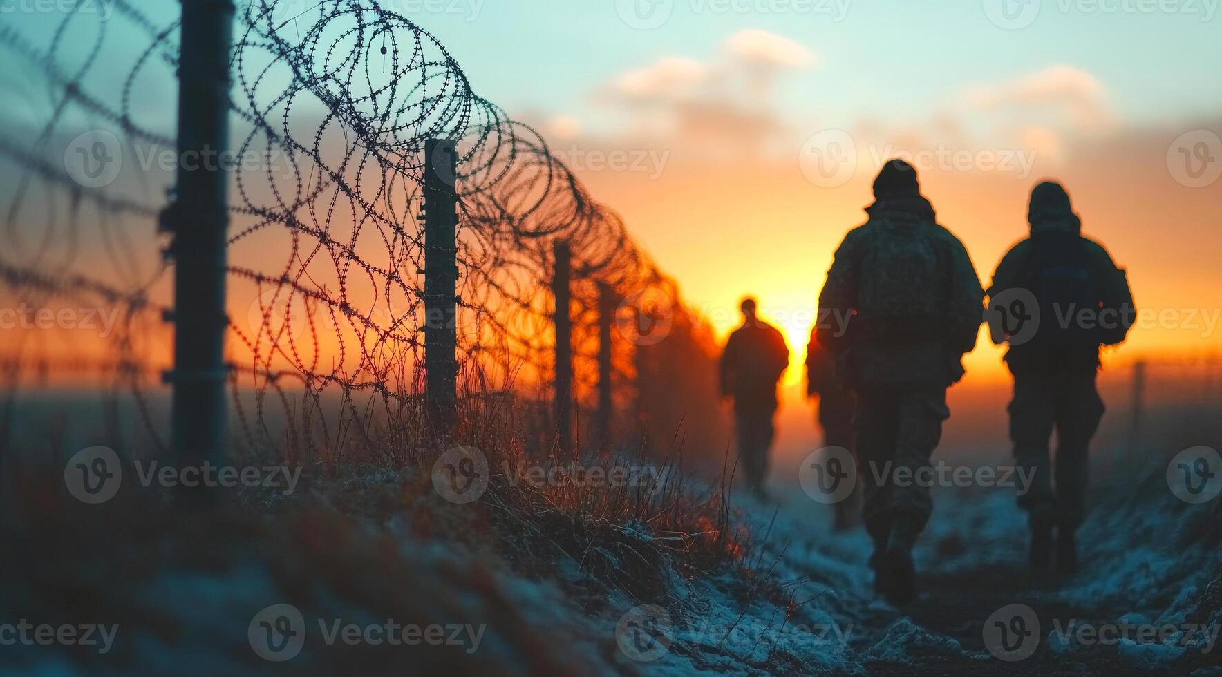 A group of soldiers walking through a field with a fence in the background. The sun is setting, casting a warm glow over the scene photo