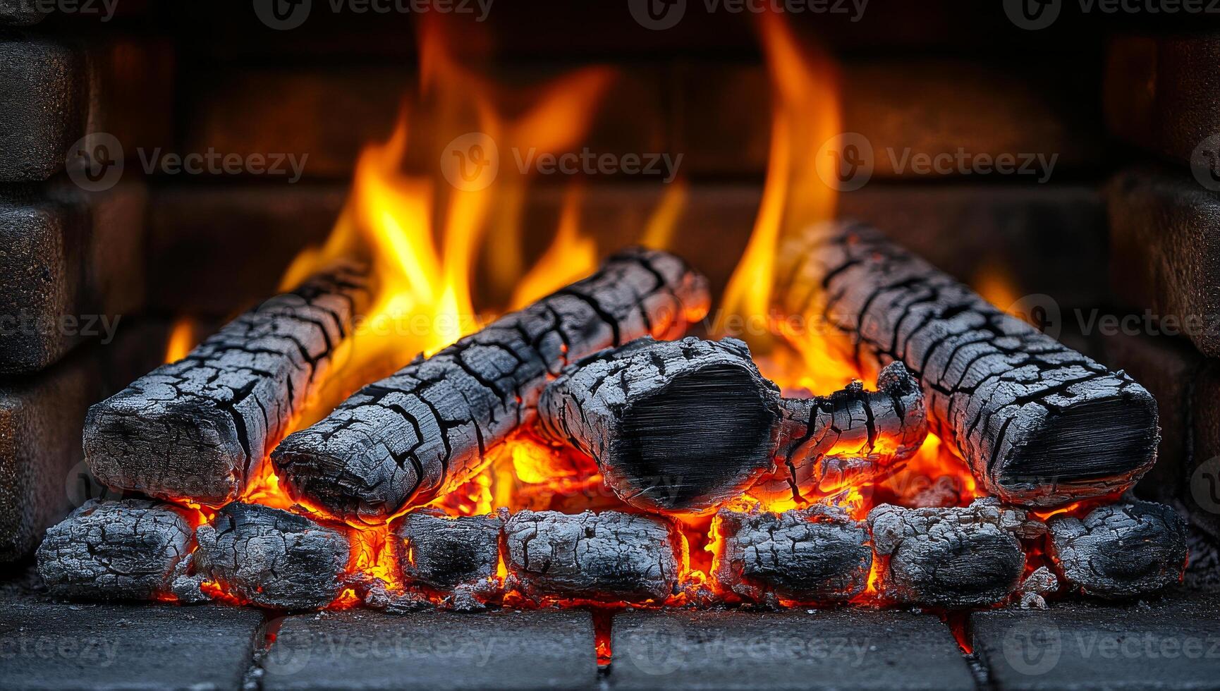 A fire is burning in a fireplace, with the logs glowing orange and yellow. The fire is the main focus of the image, and it creates a warm and cozy atmosphere photo