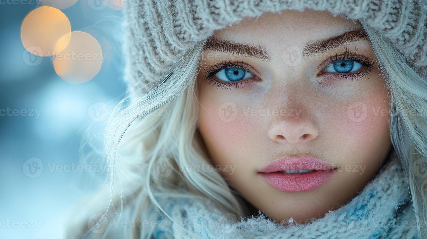 A woman with blue eyes and blonde hair is wearing a white hat and a scarf. She has a pink lip color and a light pink blush on her cheeks. Concept of warmth and comfort photo