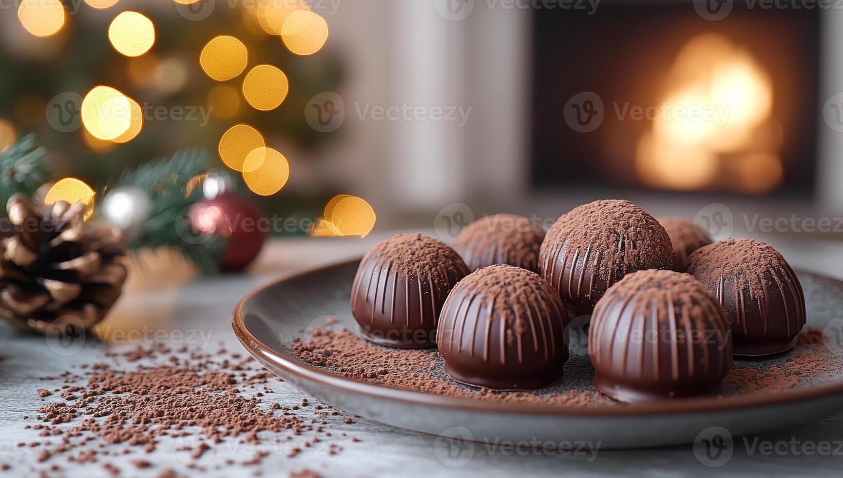 A plate of chocolate covered candies sits on a table next to a Christmas tree. The candies are arranged in a neat row, and there is a pile of chocolate powder on the table photo