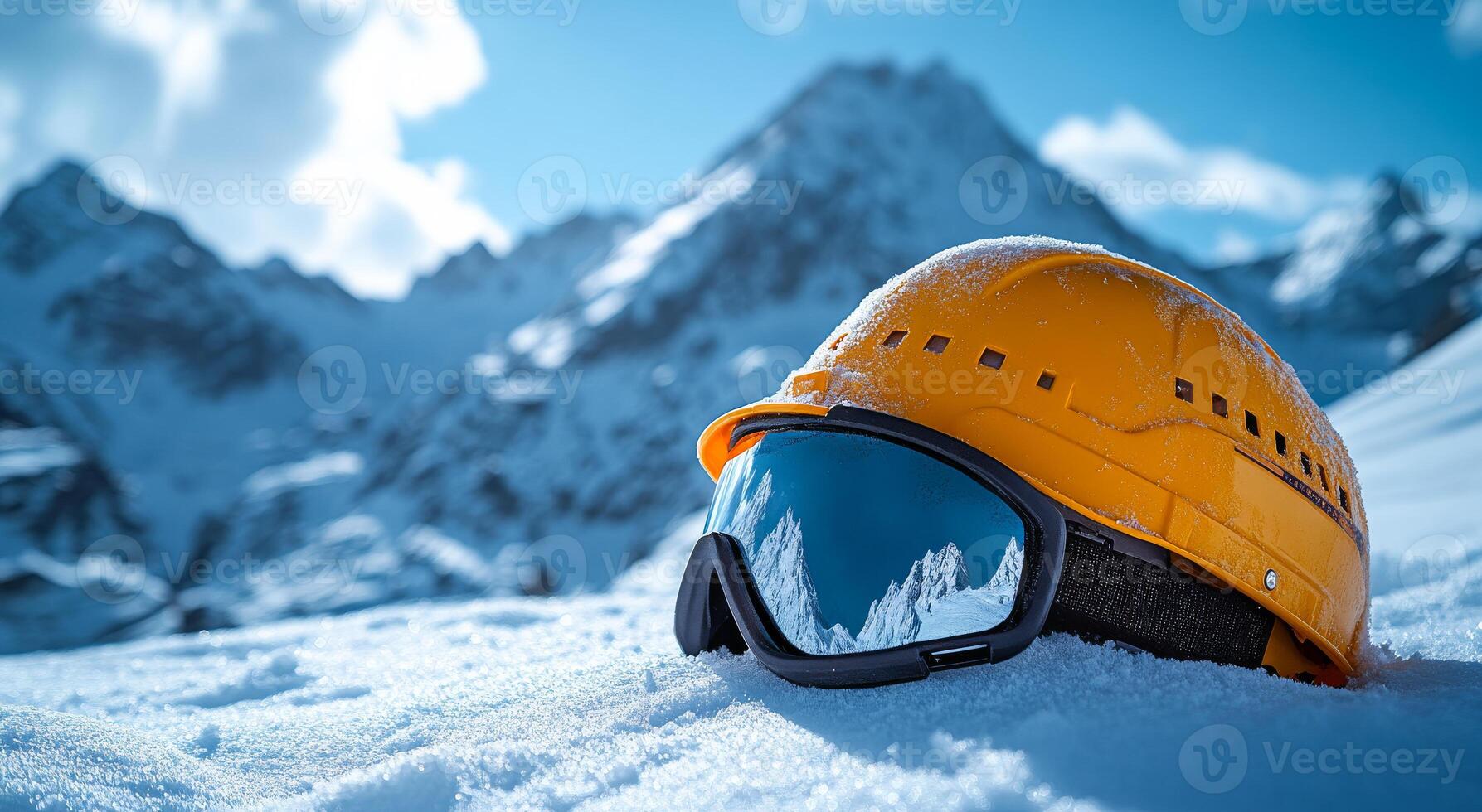 A yellow helmet with goggles on top of a snowy mountain. The helmet is placed on the snow, and the goggles are reflecting the sunlight. Concept of adventure and excitement photo