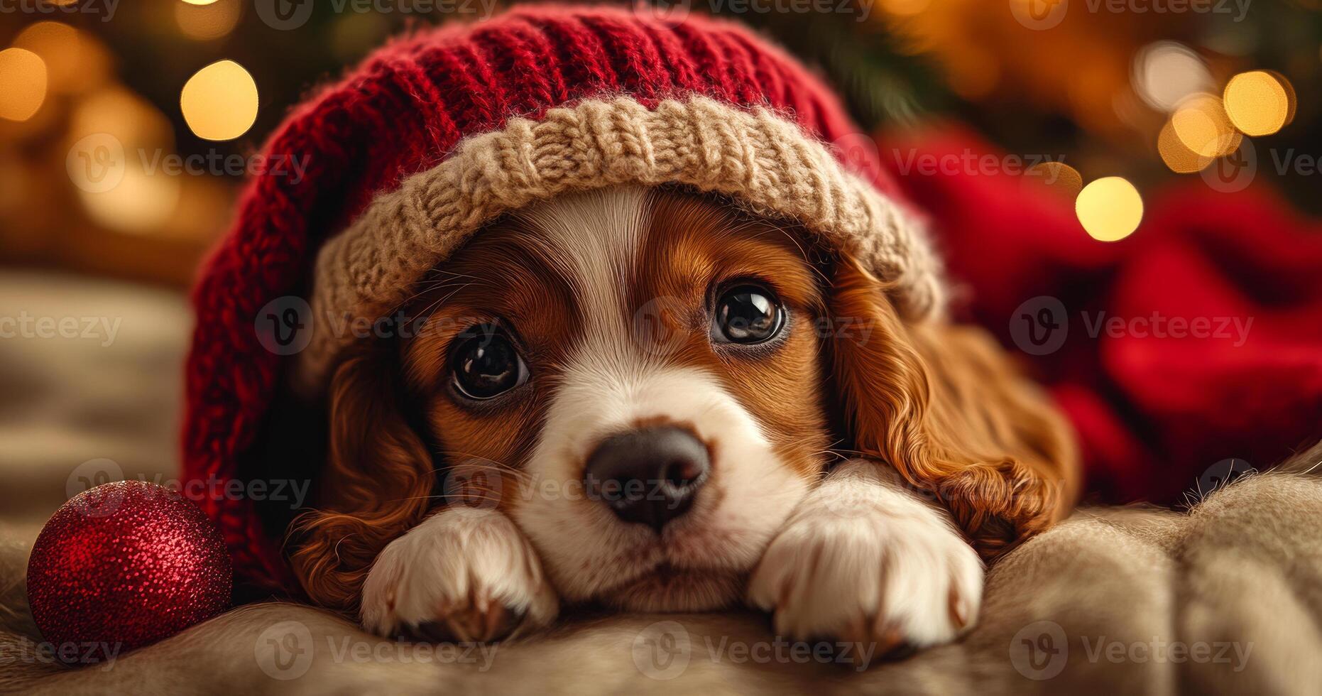 A small brown and white dog is wearing a red hat and laying on a bed. The dog appears to be looking at the camera with a sad expression photo