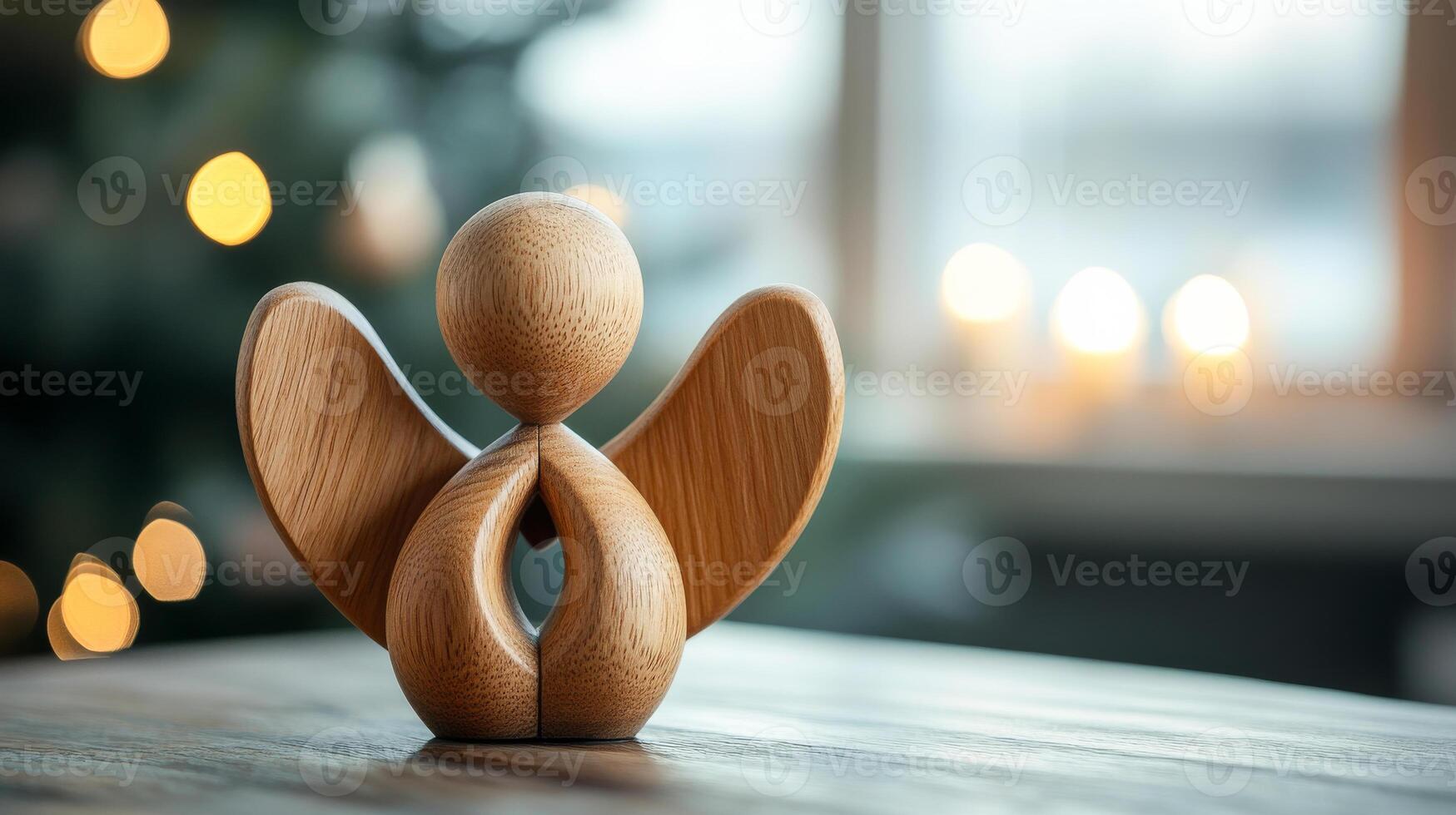 A wooden angel is sitting on a table. The angel has a heart on its chest and is surrounded by candles. The candles are lit, creating a warm and cozy atmosphere. Concept of peace and spirituality photo