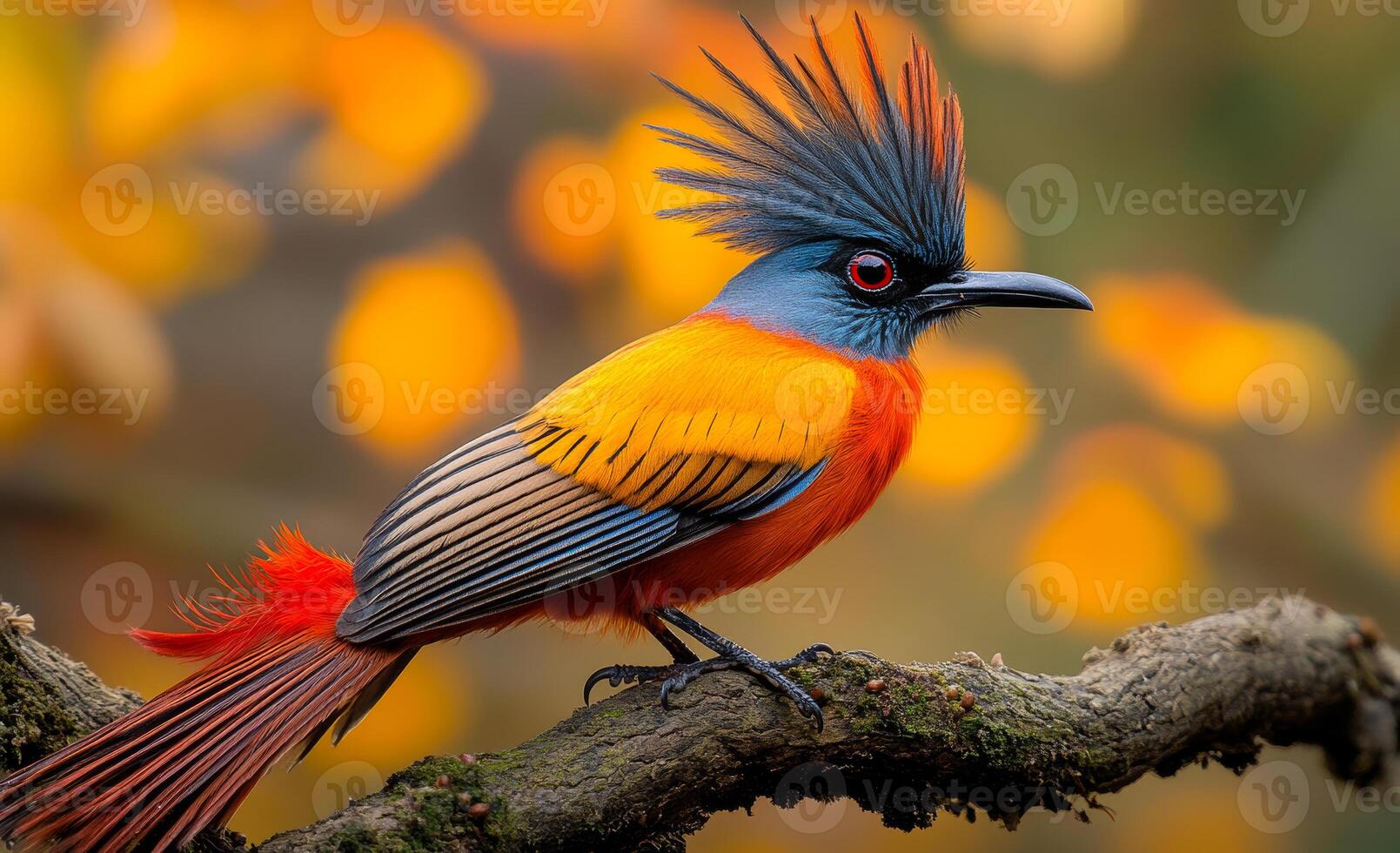 A colorful bird with a long tail and a long orange and blue beak is sitting on a branch photo