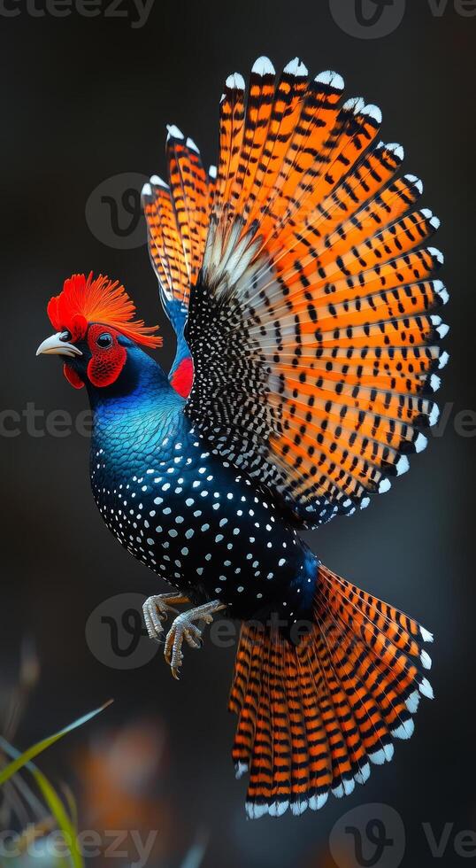 A bird with a red head and orange feathers is flying. The bird has a lot of spots and is in the air photo